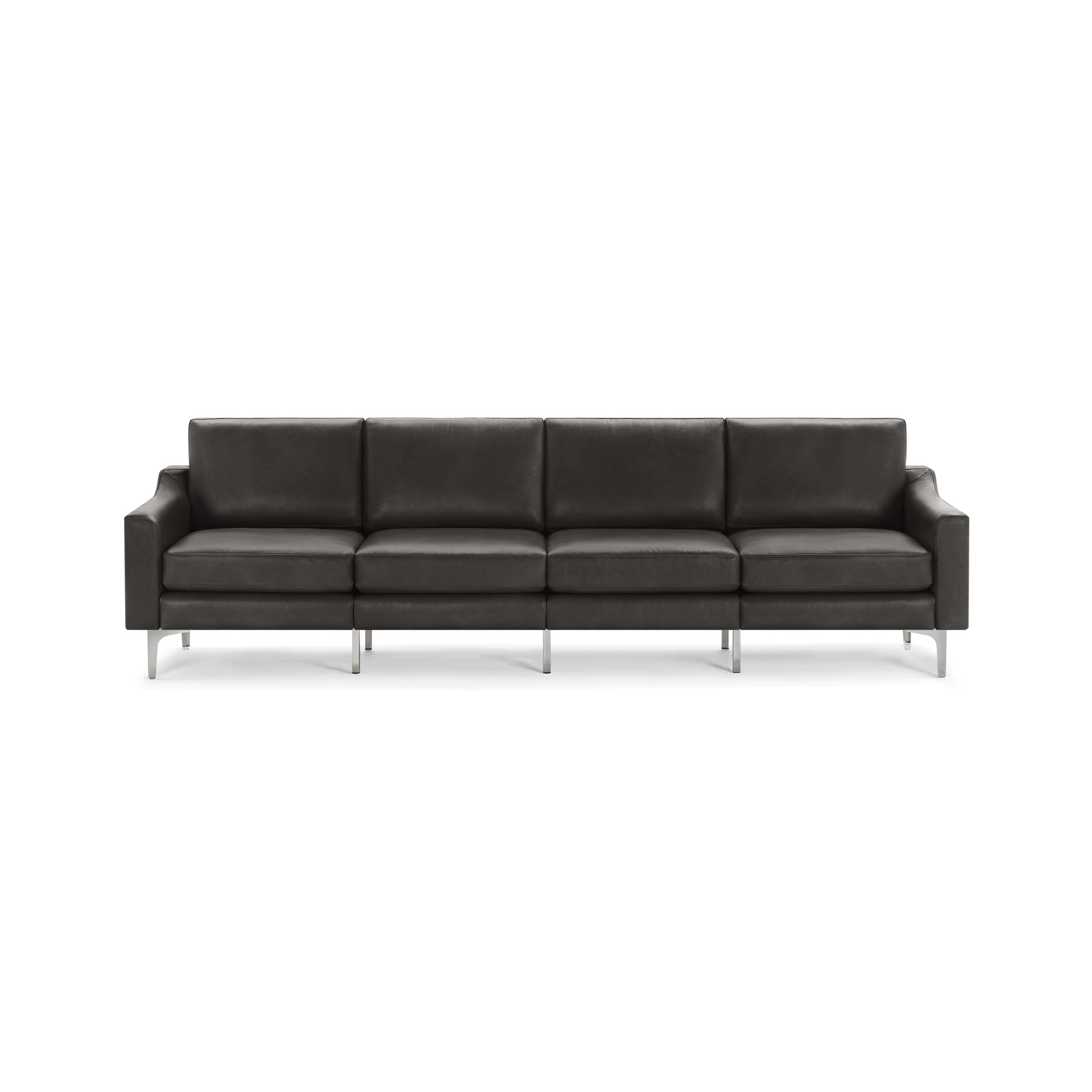 Modern dark gray leather sofa with four cushions, slim armrests, and metal legs, designed for comfortable seating.