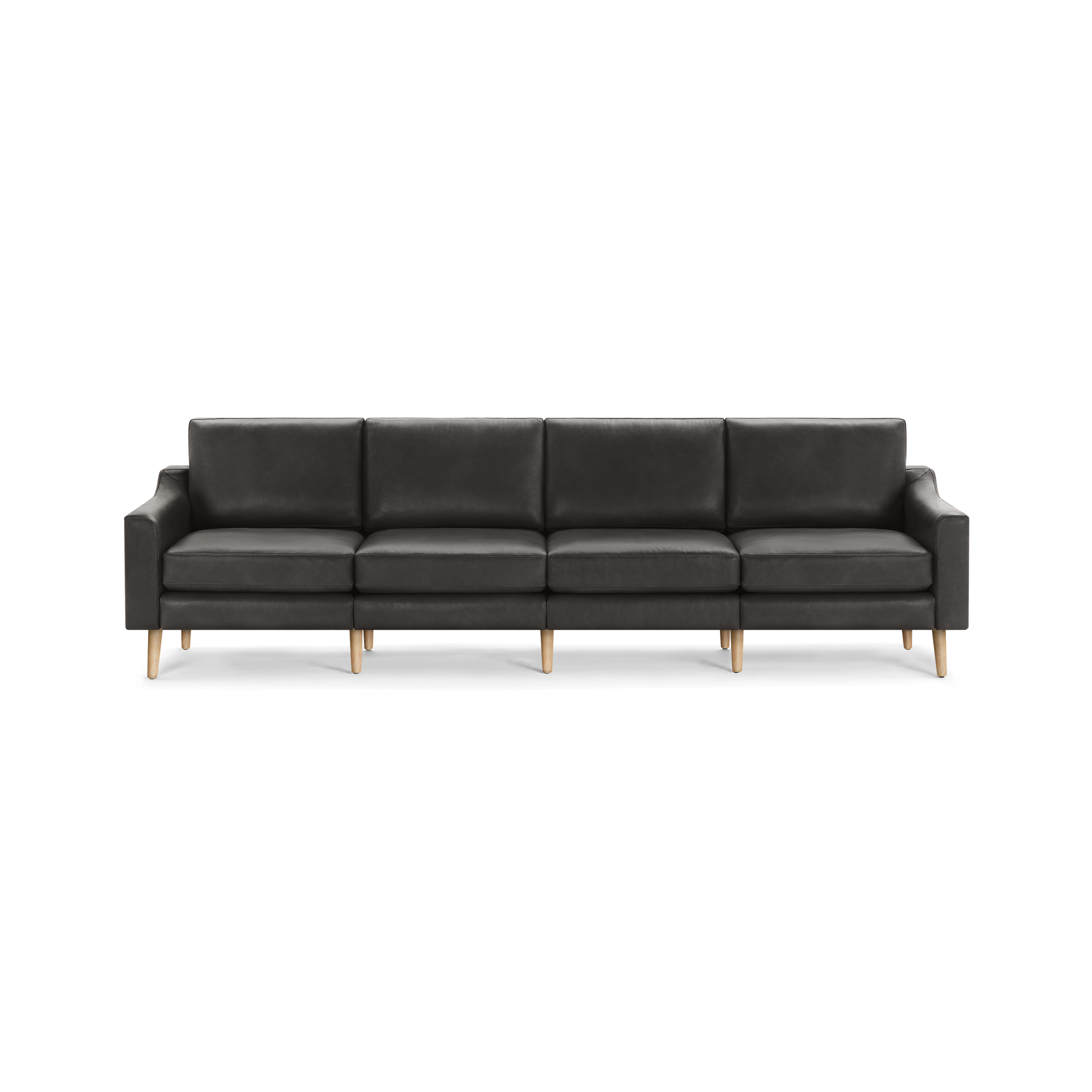 Modern dark gray leather four-seater sofa with wooden legs and cushioned seats and backrests.
