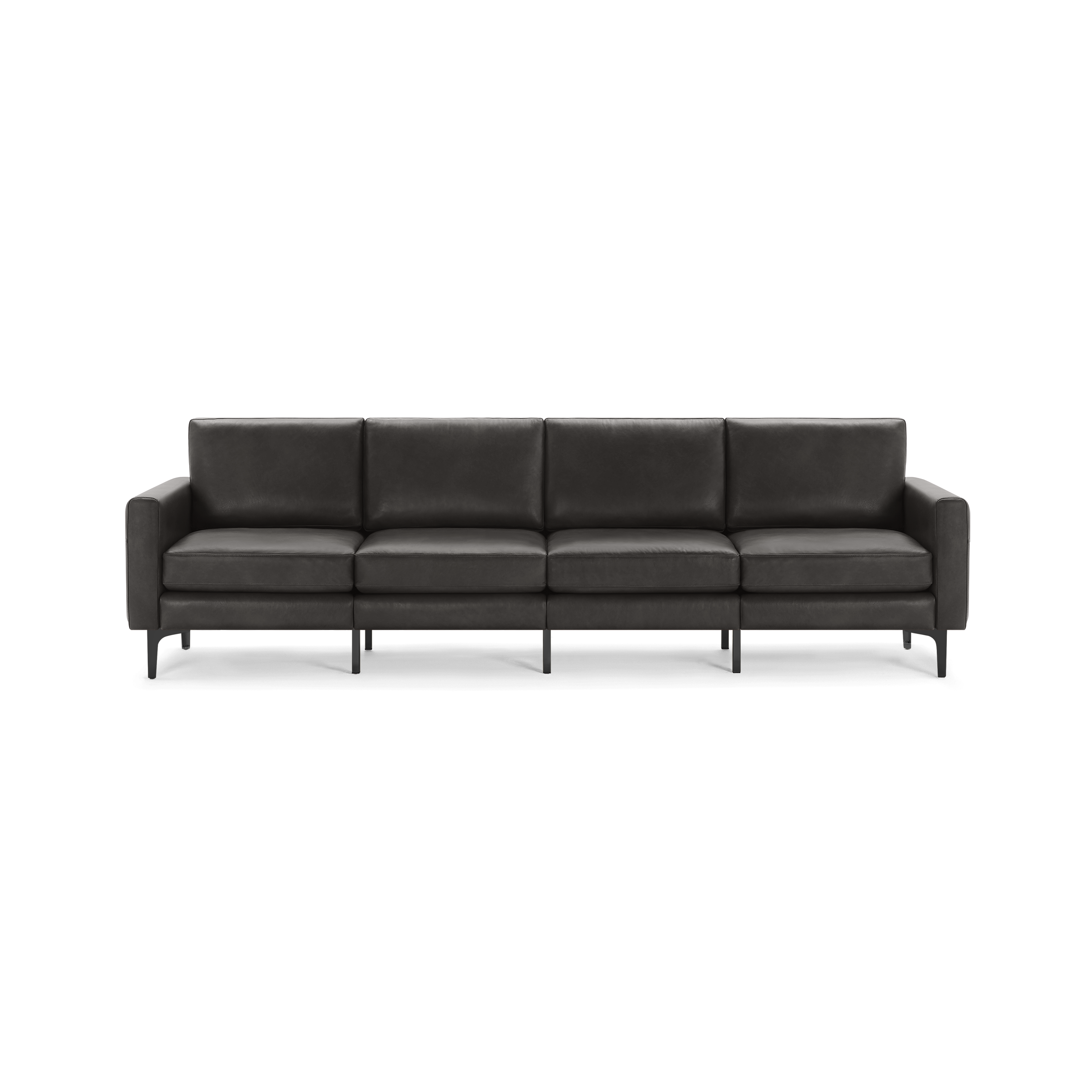Long, modern black leather sofa with four seat cushions, straight armrests, and slim black legs.