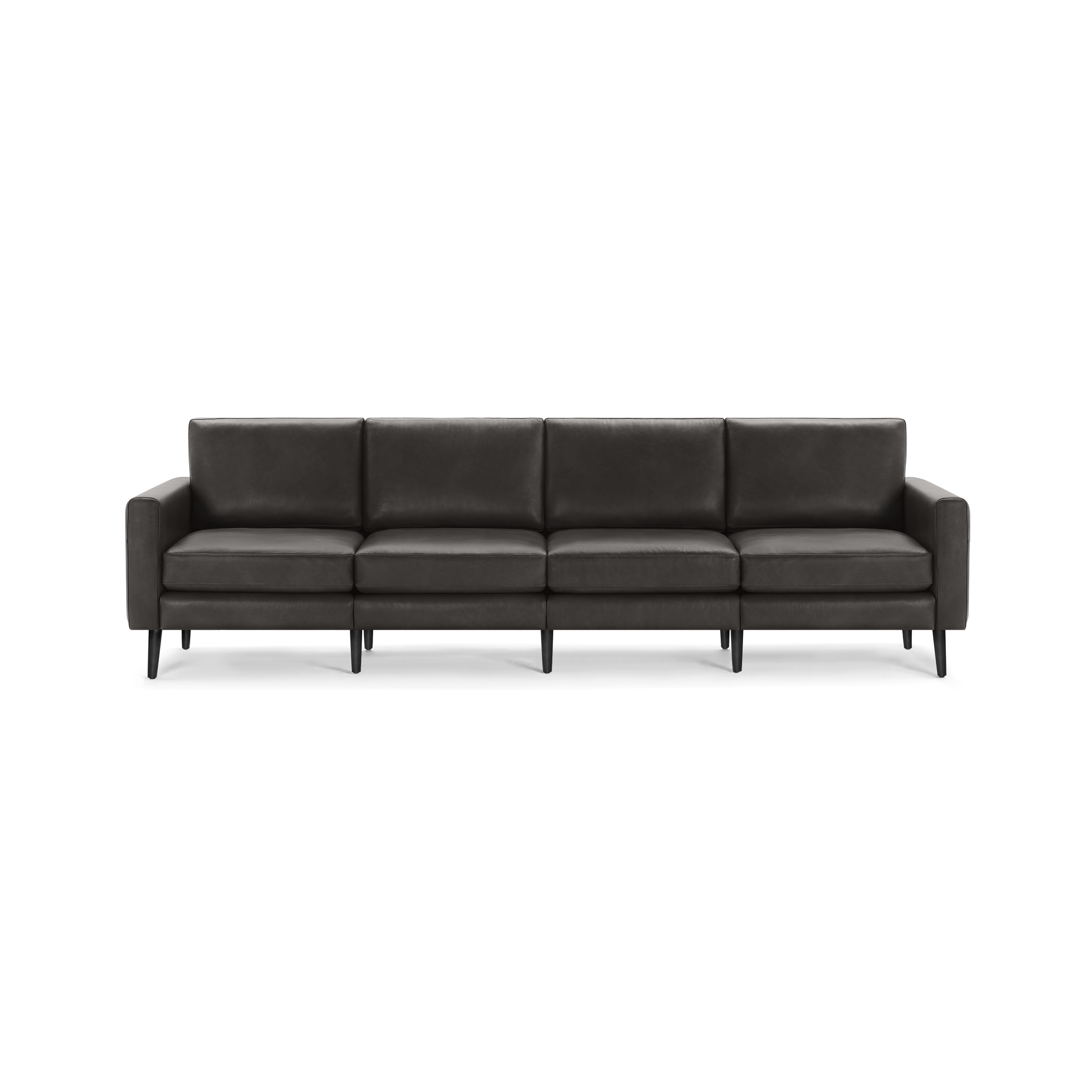 Modern dark gray leather sectional sofa with clean lines, slim arms, and black tapered legs, seating four comfortably.
