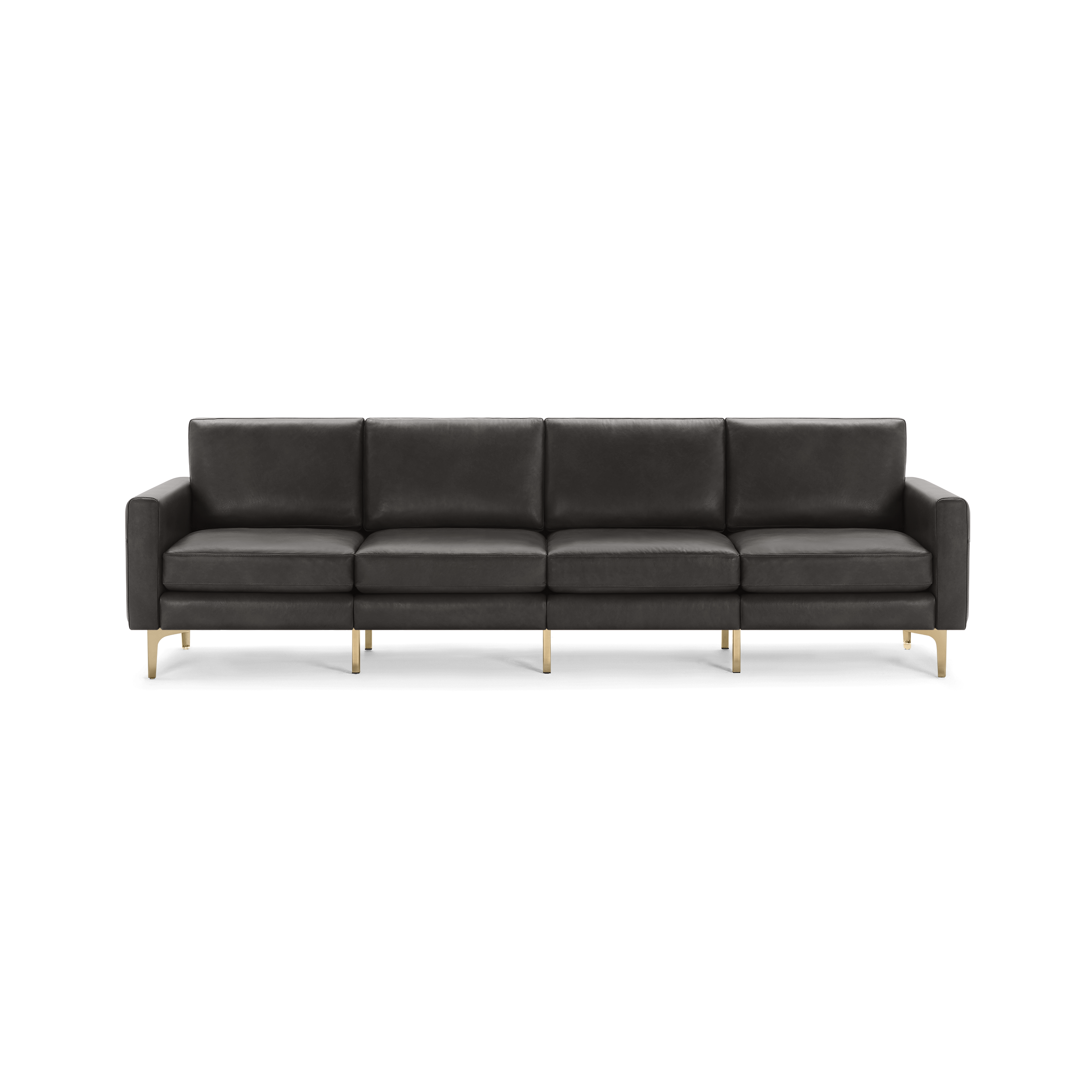 Modern four-seater sofa in dark leather upholstery with square arms and sleek gold metal legs, designed for elegant living spaces.