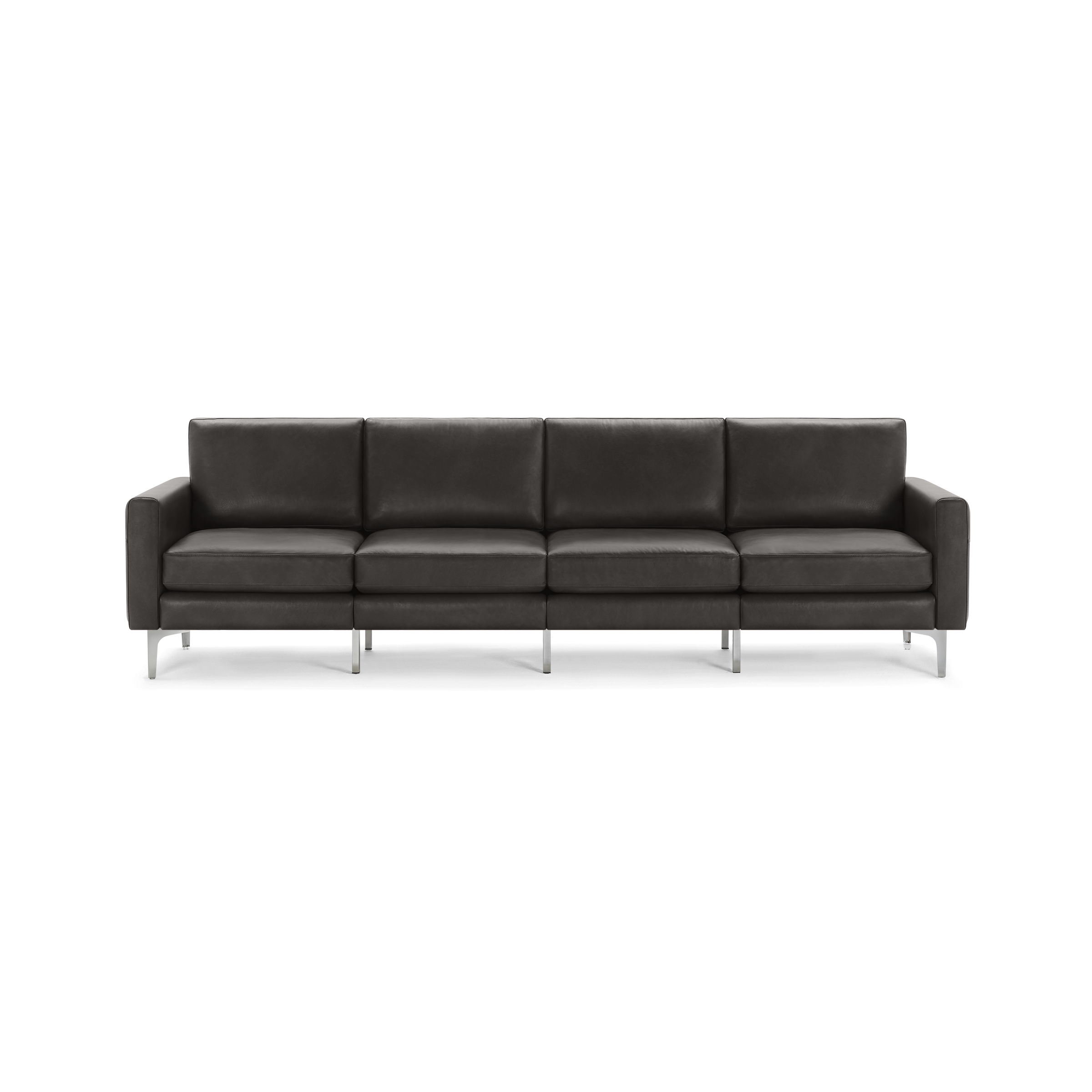 Modern four-seater dark gray leather sofa with clean lines, cushioned seats, and metal legs, designed for contemporary living spaces.