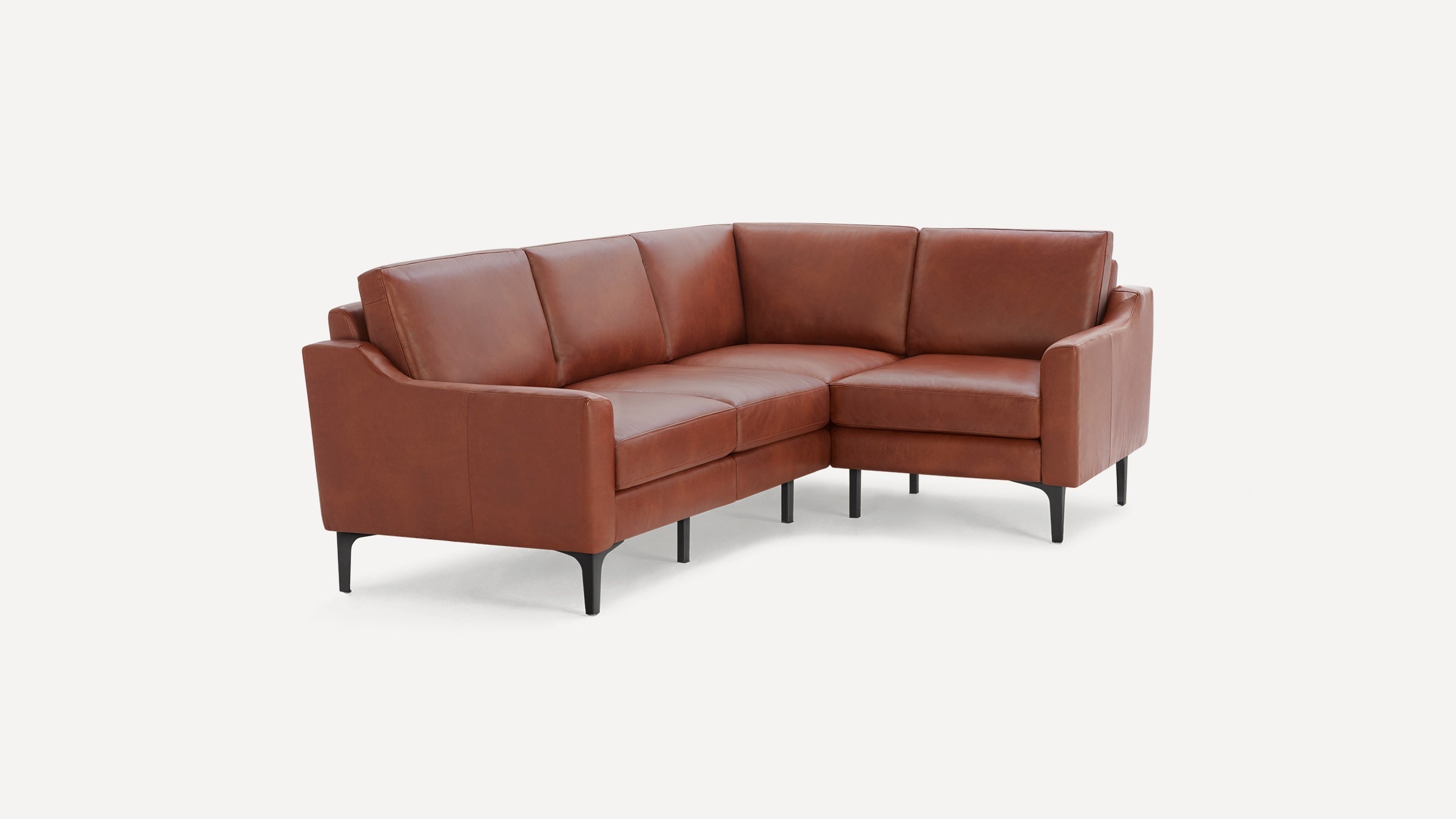 Modern L-shaped sectional sofa upholstered in smooth brown leather with slim black metal legs, designed for corner placement.