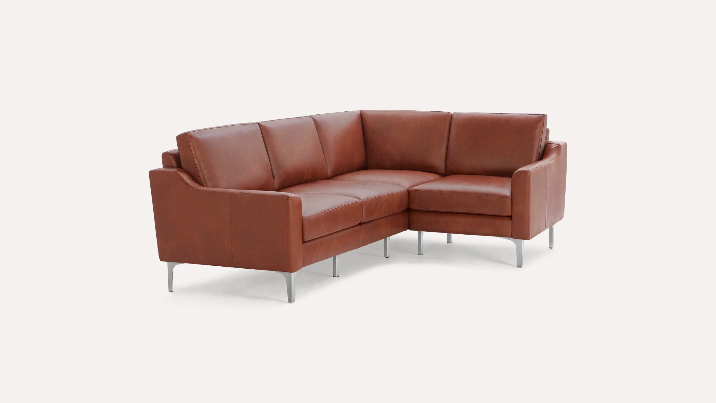 Modern brown leather sectional sofa with sleek metal legs, featuring clean lines and comfortable cushioned seats.