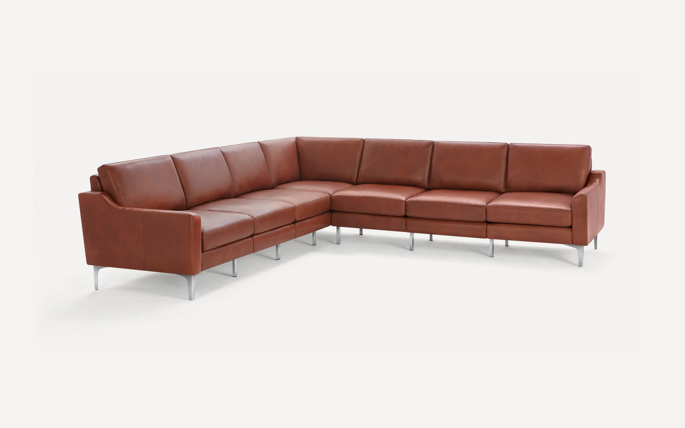 Large modern L-shaped sectional sofa in brown leather with sleek silver legs and clean lines on a white background.