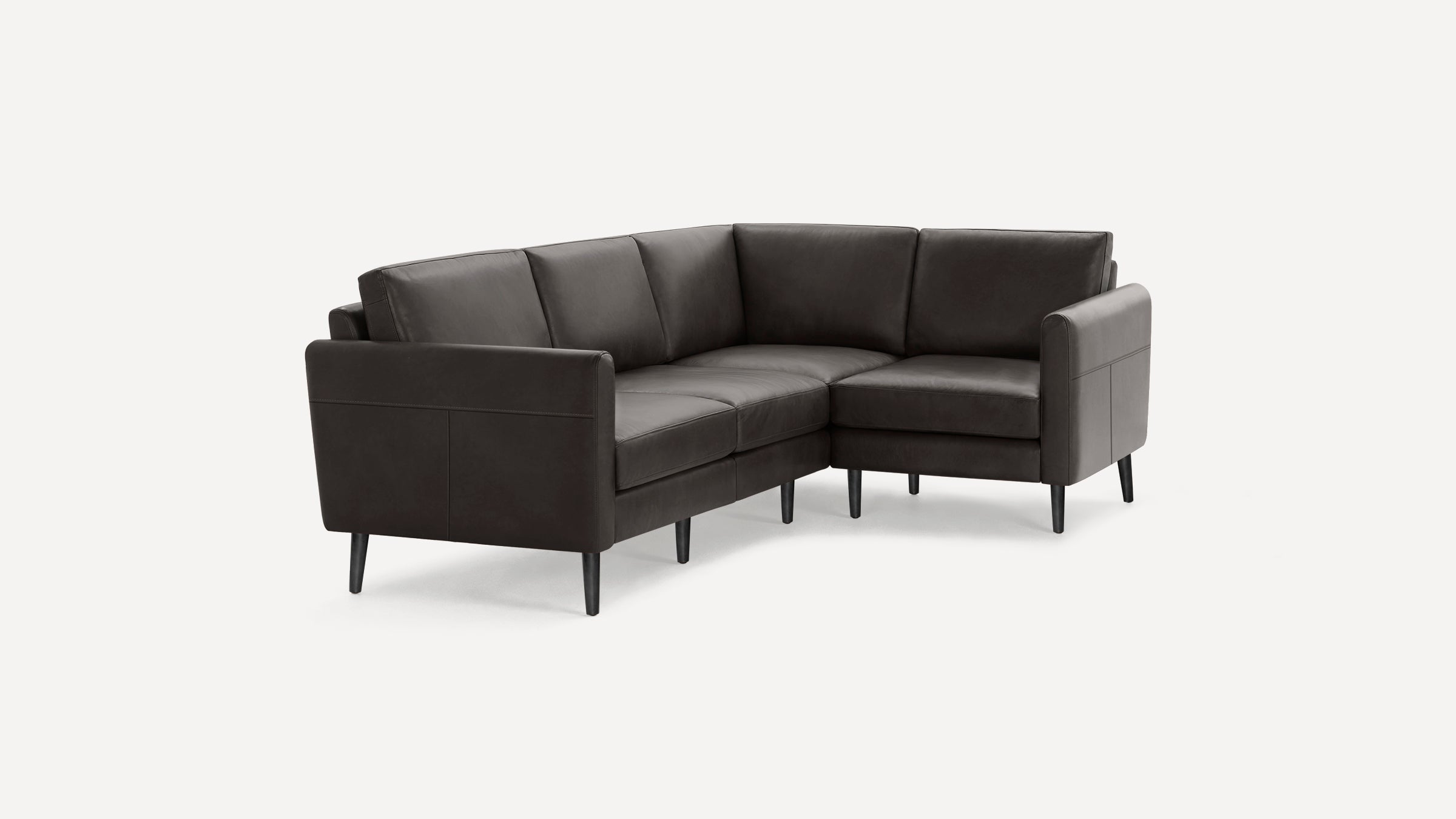 Dark brown leather L-shaped sectional sofa with sleek black tapered legs and padded cushions on a white background.