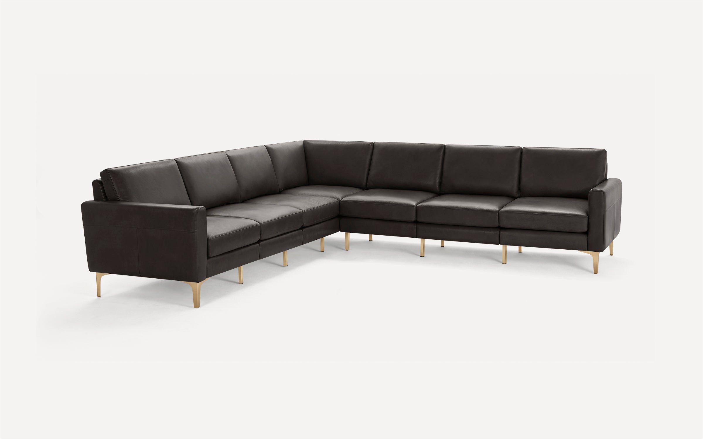 Dark brown leather L-shaped sectional sofa with slim golden metal legs and cushioned backrests on a white background.