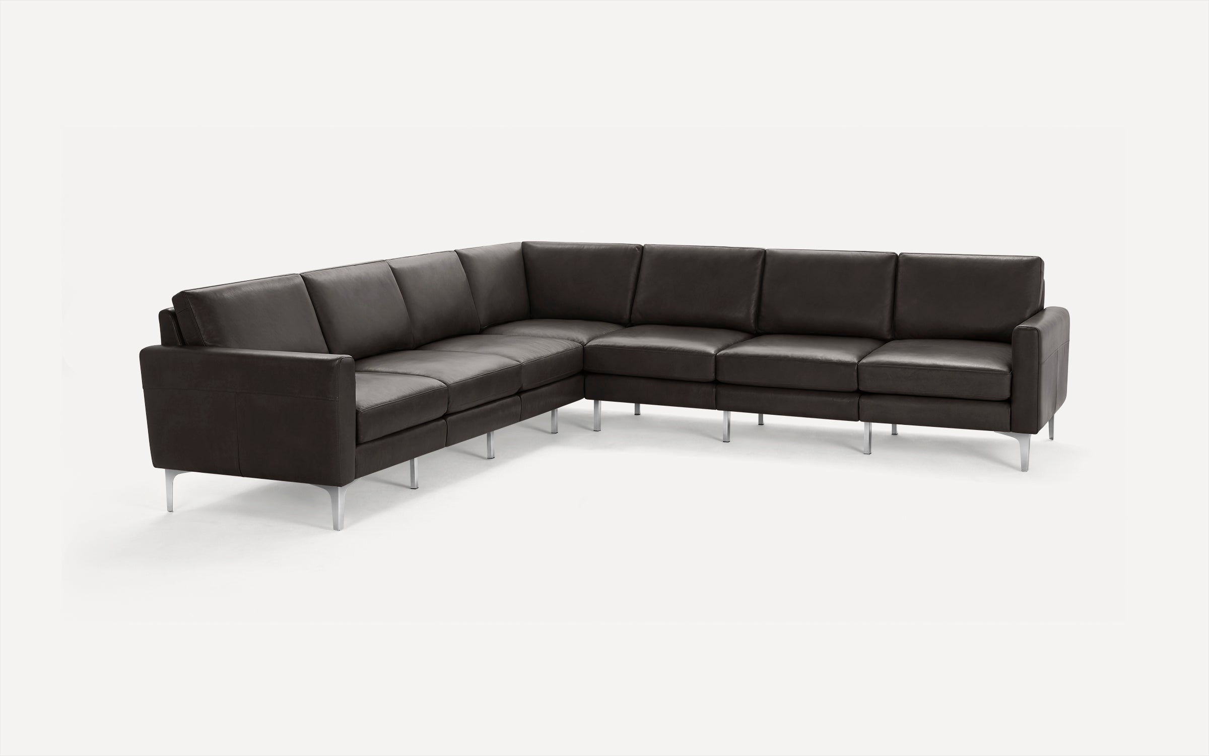 Modern dark brown leather sectional sofa with clean lines and silver metal legs on a white background.