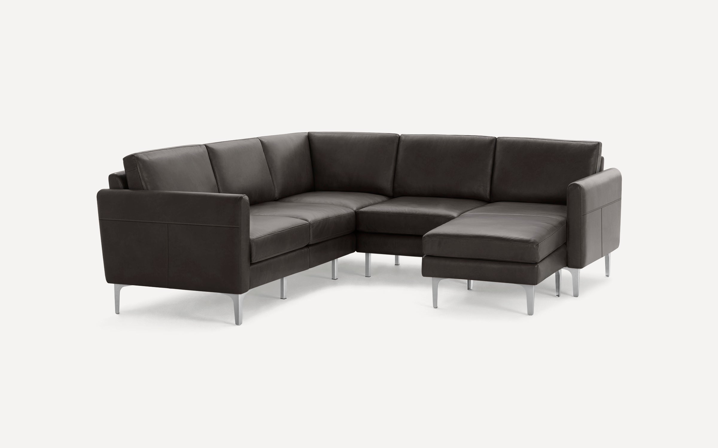 Modern dark brown leather sectional sofa with metal legs, featuring a right-side chaise lounge and clean, minimalist design.