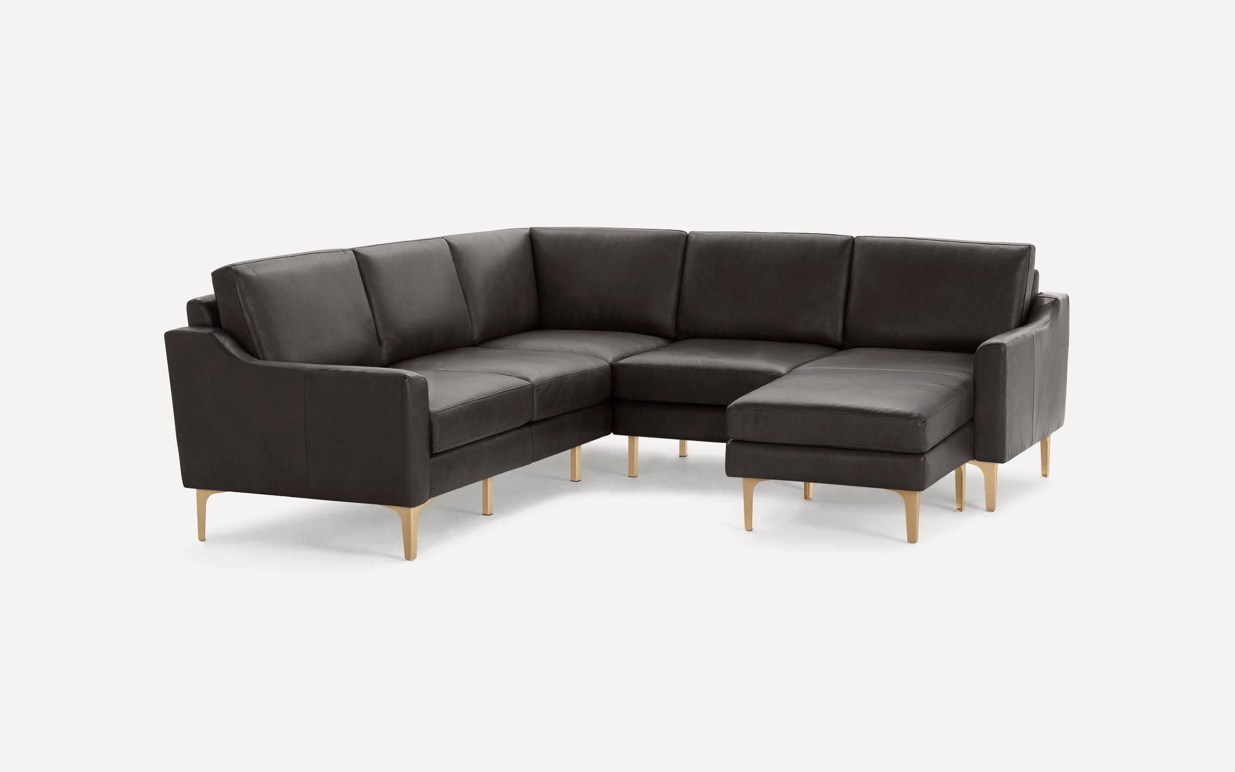 Modern dark brown leather L-shaped sectional sofa with clean lines and gold metal legs, designed for spacious living rooms.