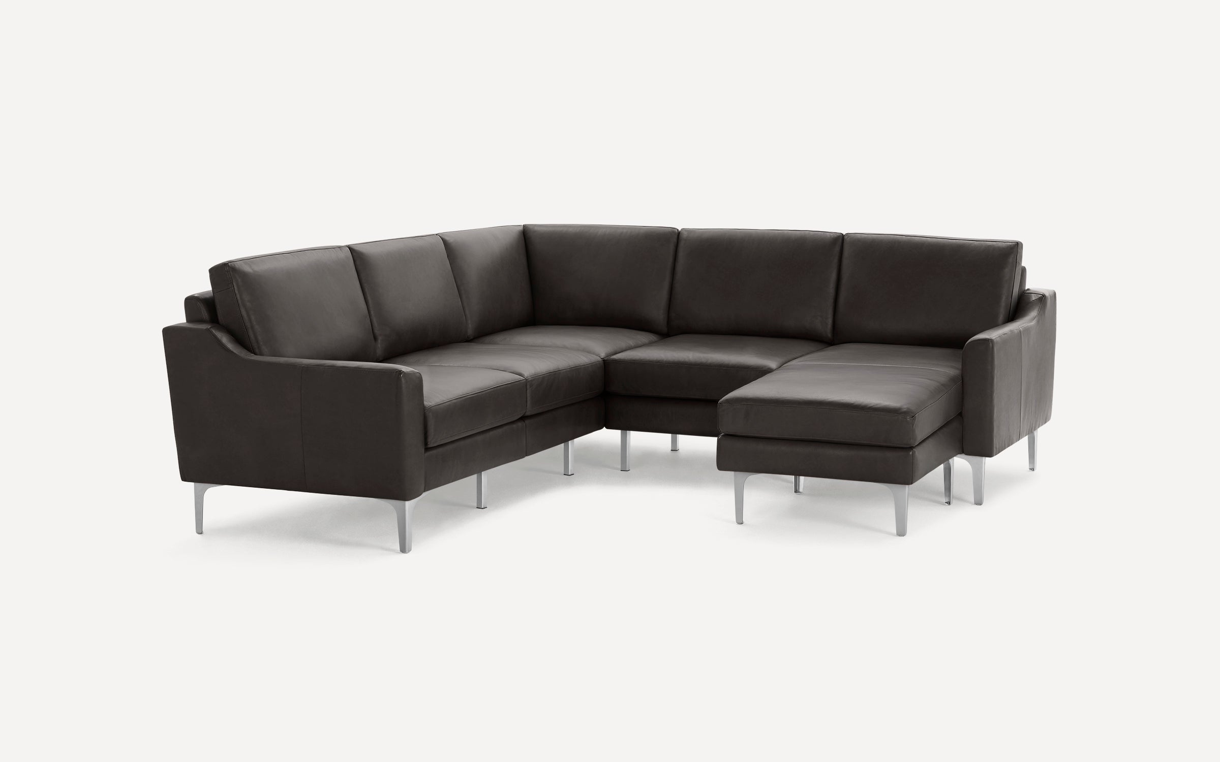 Modern dark brown leather sectional sofa with sleek metal legs and clean, minimalist design.