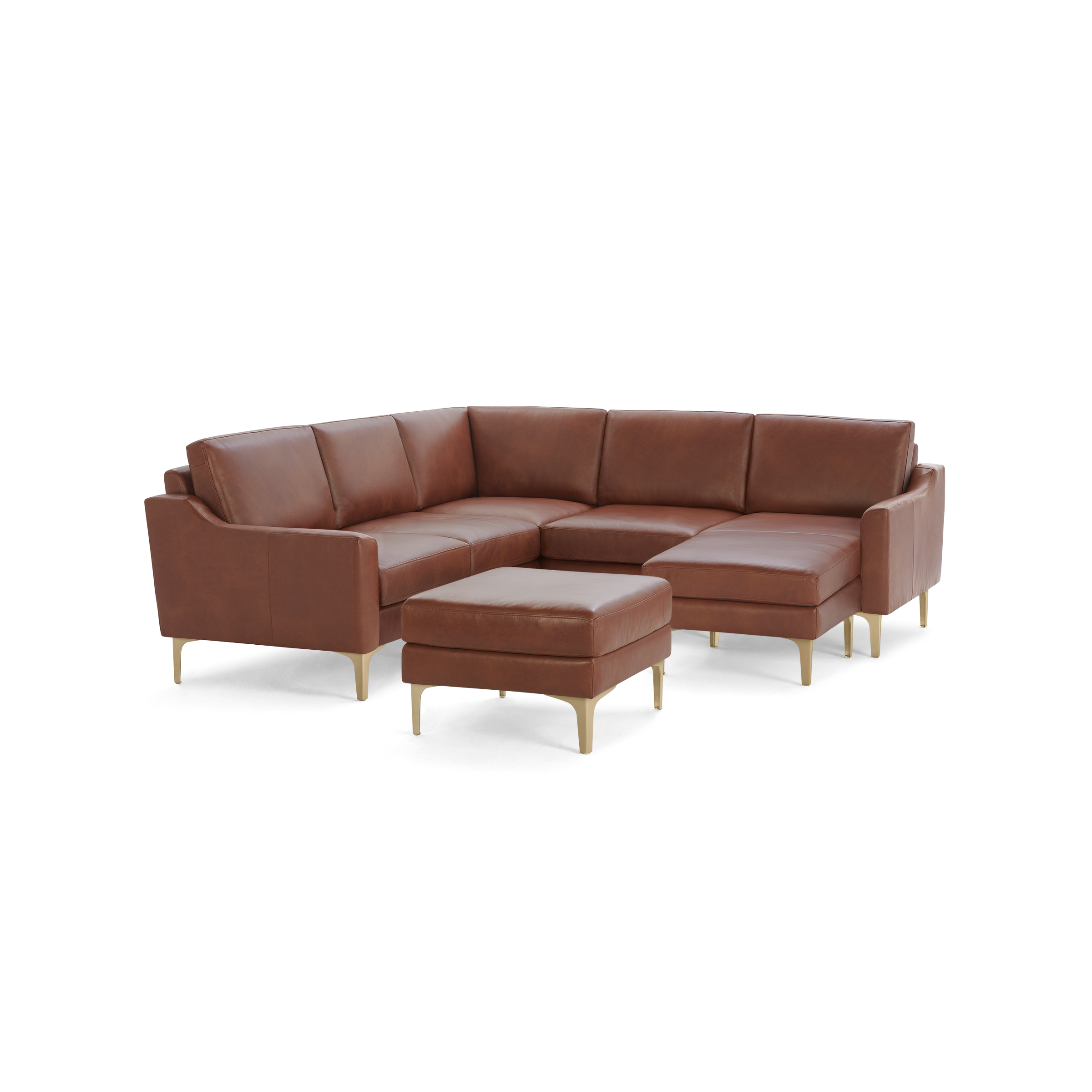 Brown leather sectional sofa with clean lines, gold metal legs, and matching ottoman shown on white background.