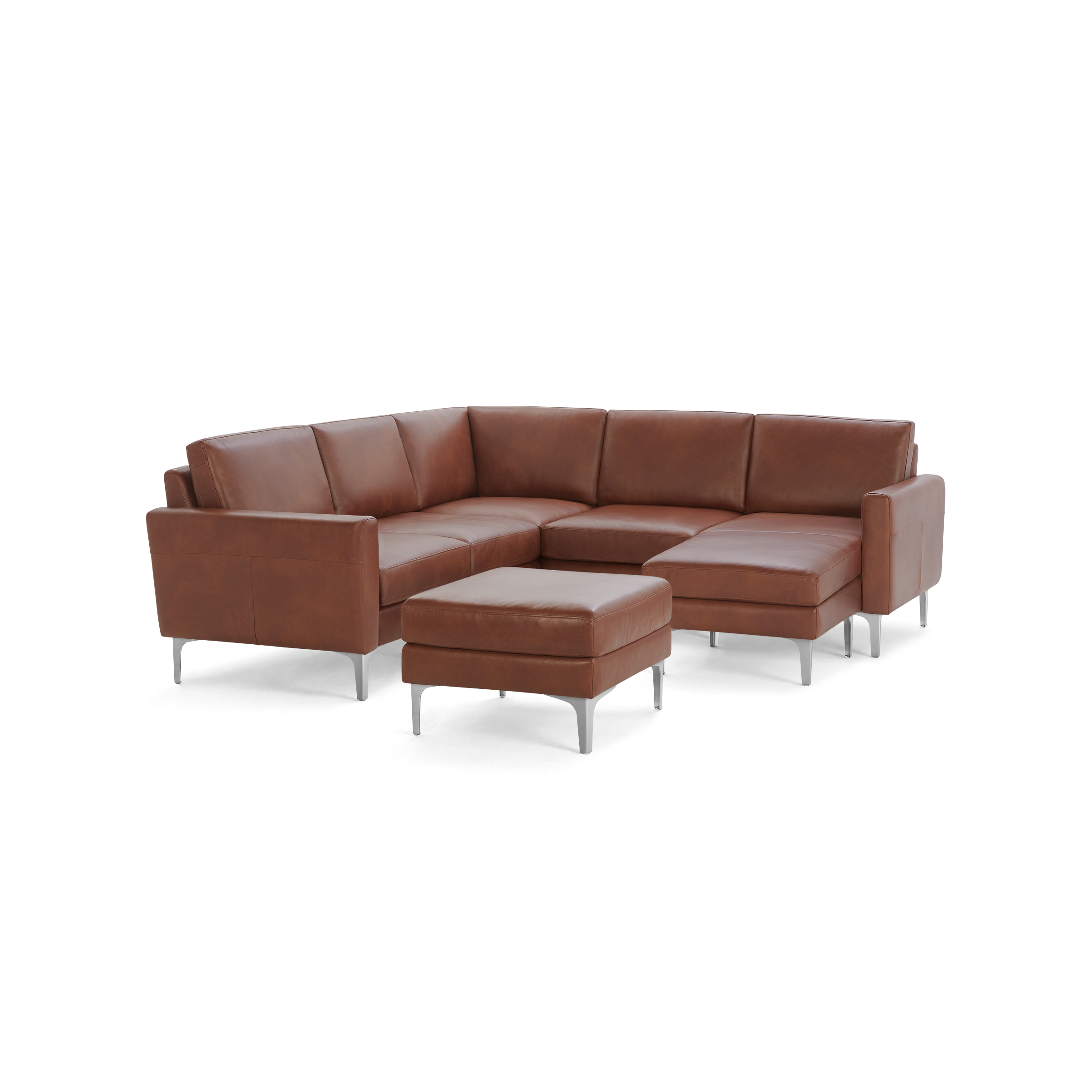 Modern L-shaped brown leather sectional sofa with metal legs, featuring a matching ottoman for added comfort and style.