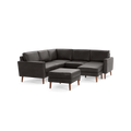 Modern dark gray leather sectional sofa with wooden legs and matching ottoman, offering comfortable seating and stylish design.