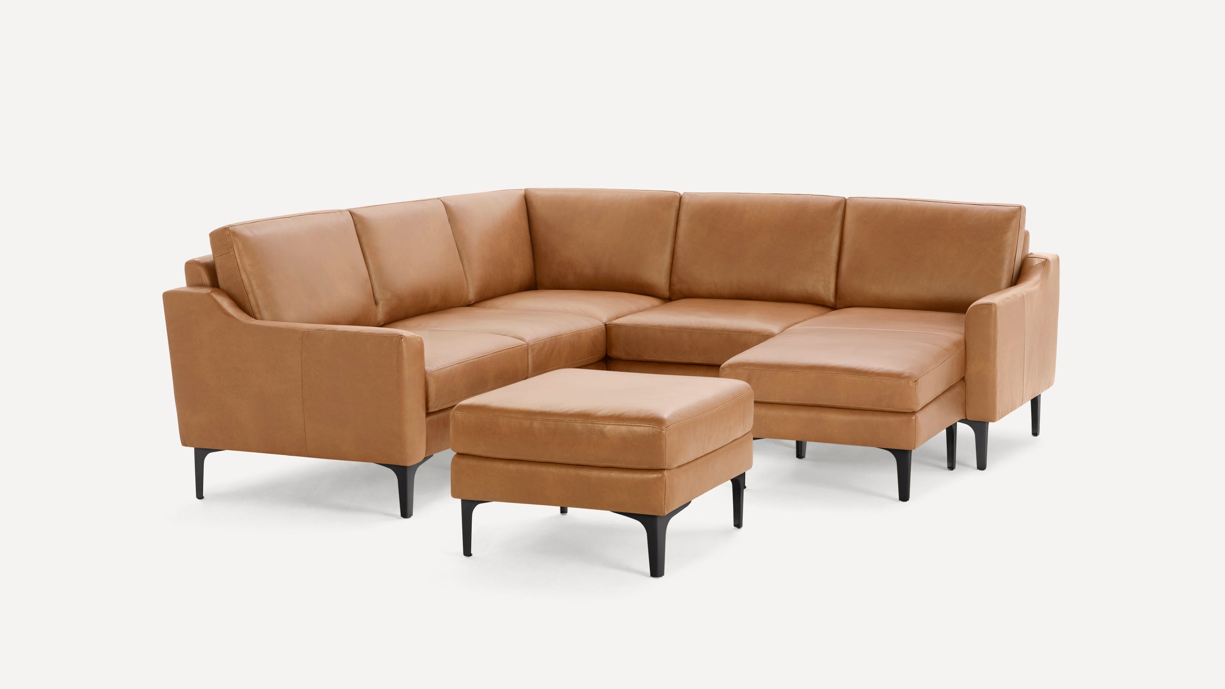 Nomad Plus Leather 5-Seat Corner Sectional with Chaise and Ottoman - Camel - Top Grain Leather / Black - Metal / Slope Arm