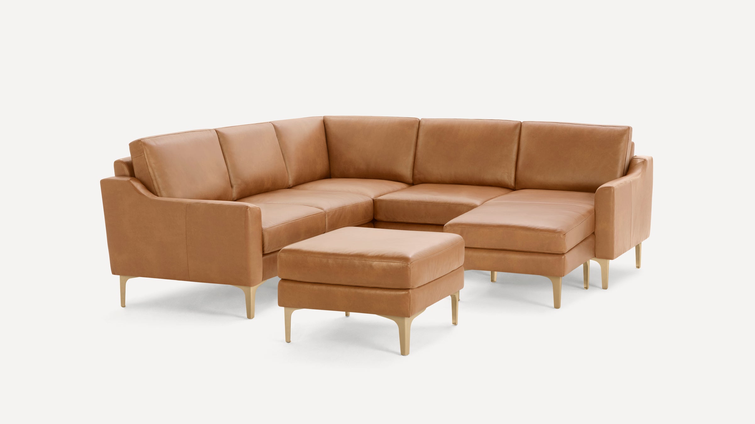 Nomad Plus Leather 5-Seat Corner Sectional with Chaise and Ottoman - Camel - Top Grain Leather / Brass - Metal / Slope Arm