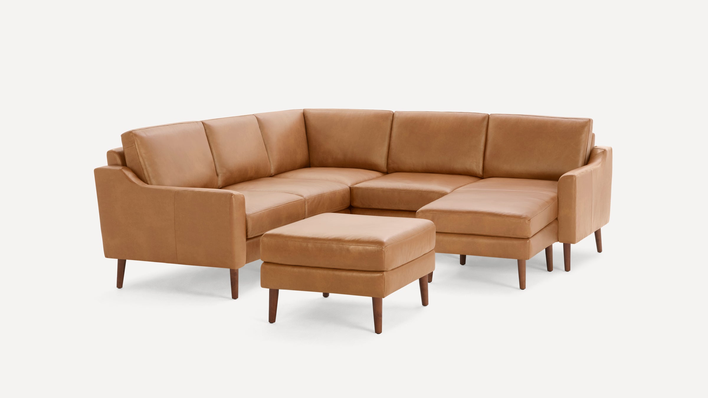 Nomad Plus Leather 5-Seat Corner Sectional with Chaise and Ottoman - Camel - Top Grain Leather / Walnut - Wood / Slope Arm
