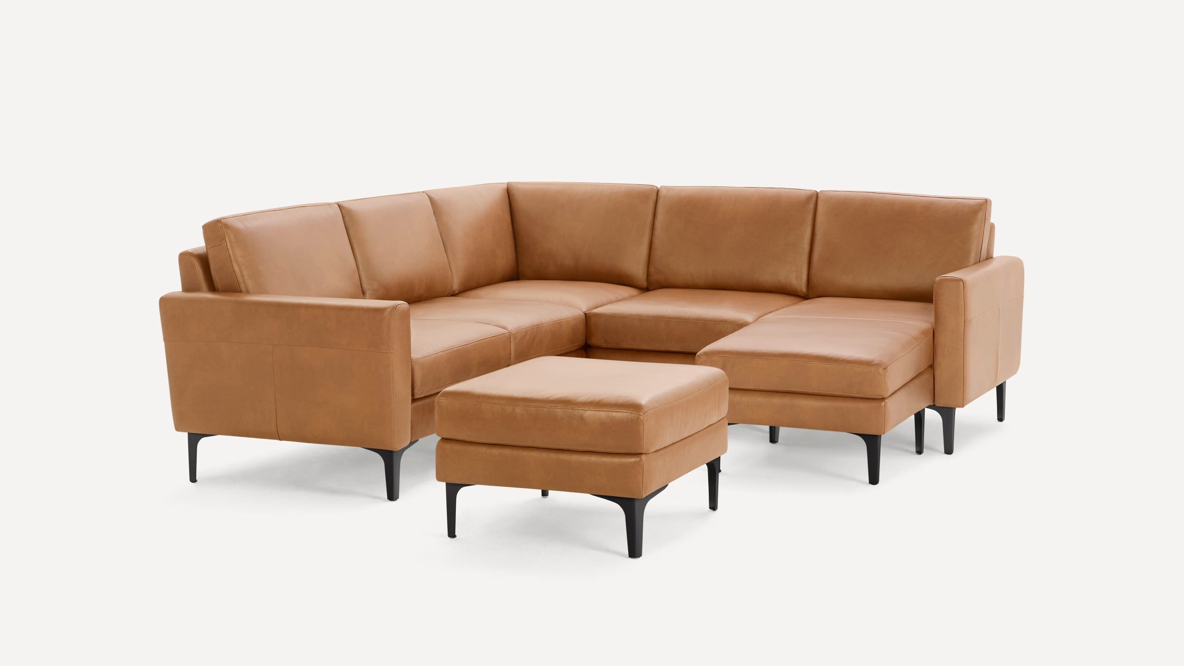 Nomad Plus Leather 5-Seat Corner Sectional with Chaise and Ottoman - Camel - Top Grain Leather / Black - Metal / Block Arm
