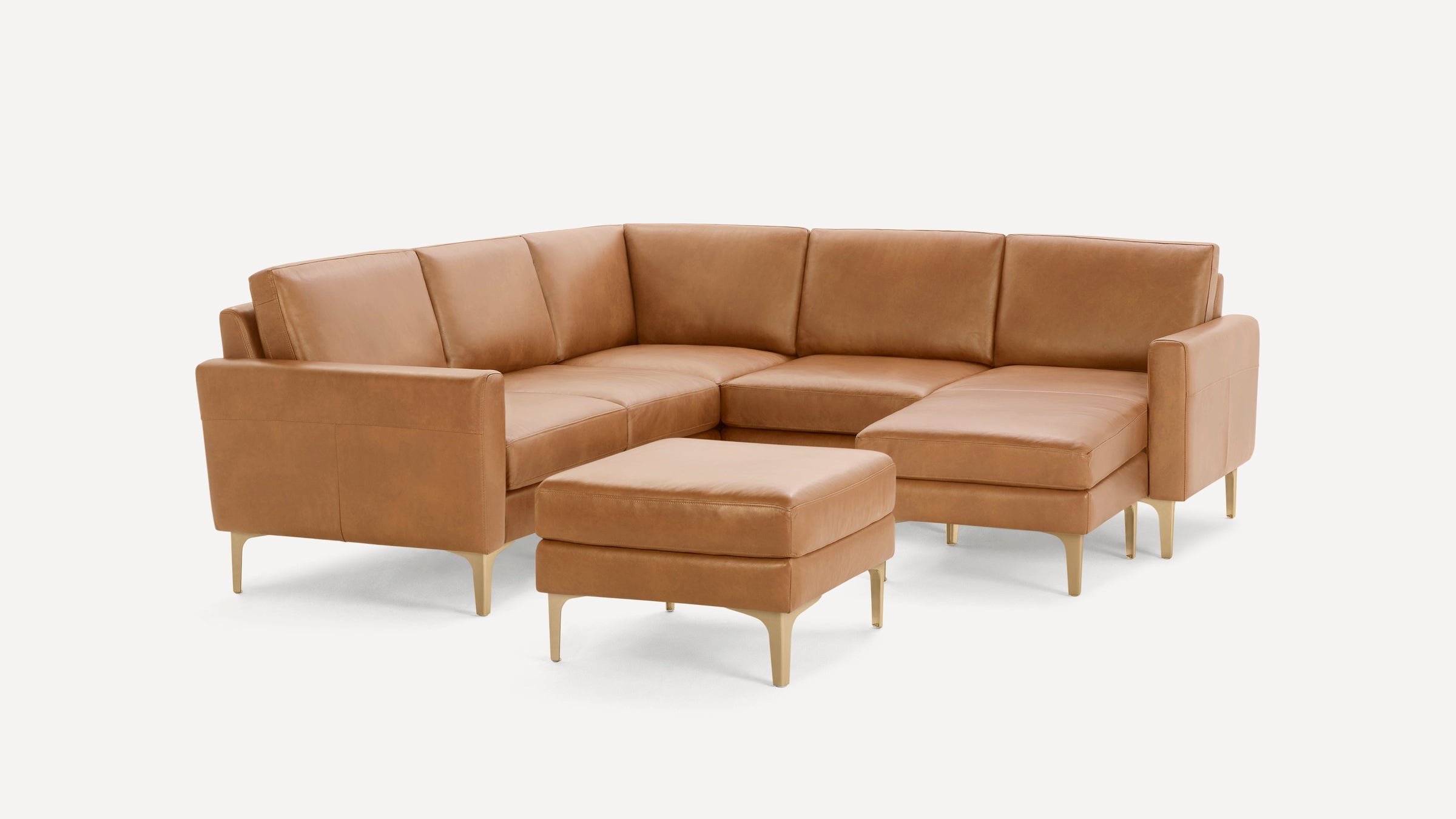 Nomad Plus Leather 5-Seat Corner Sectional with Chaise and Ottoman - Camel - Top Grain Leather / Brass - Metal / Block Arm