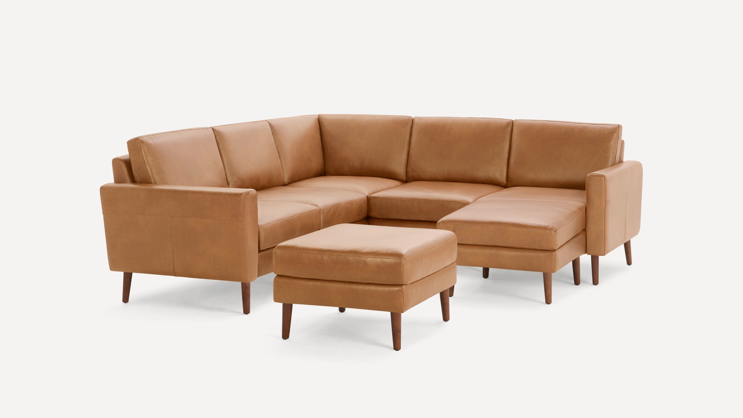 Nomad Plus Leather 5-Seat Corner Sectional with Chaise and Ottoman - Camel - Top Grain Leather / Walnut - Wood / Block Arm