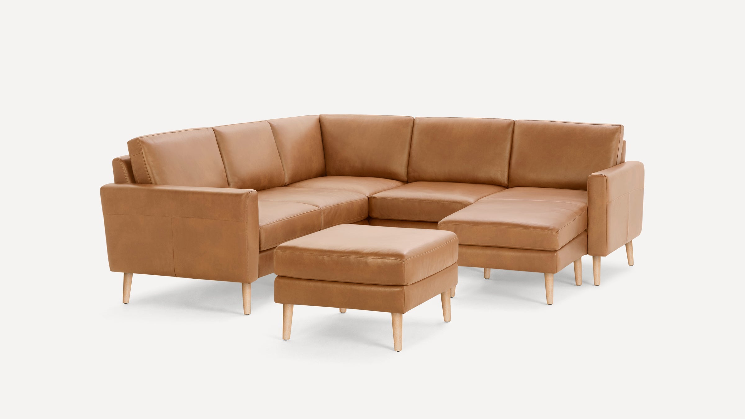 Nomad Plus Leather 5-Seat Corner Sectional with Chaise and Ottoman - Camel - Top Grain Leather / Oak - Wood / Block Arm