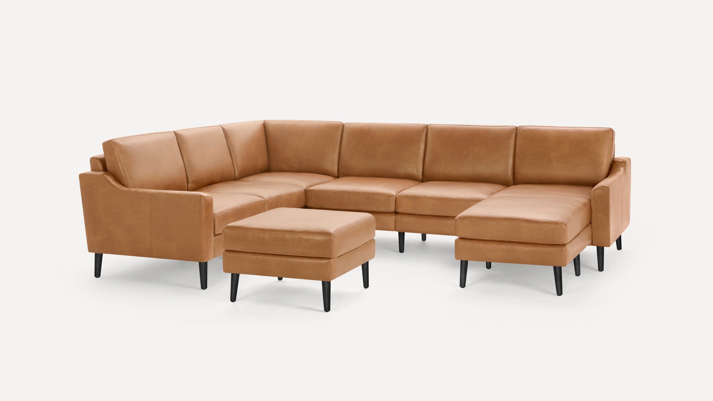 Nomad Plus Leather 6-Seat Corner Sectional with Chaise and Ottoman - Camel - Top Grain Leather / Ebony - Wood / Slope Arm