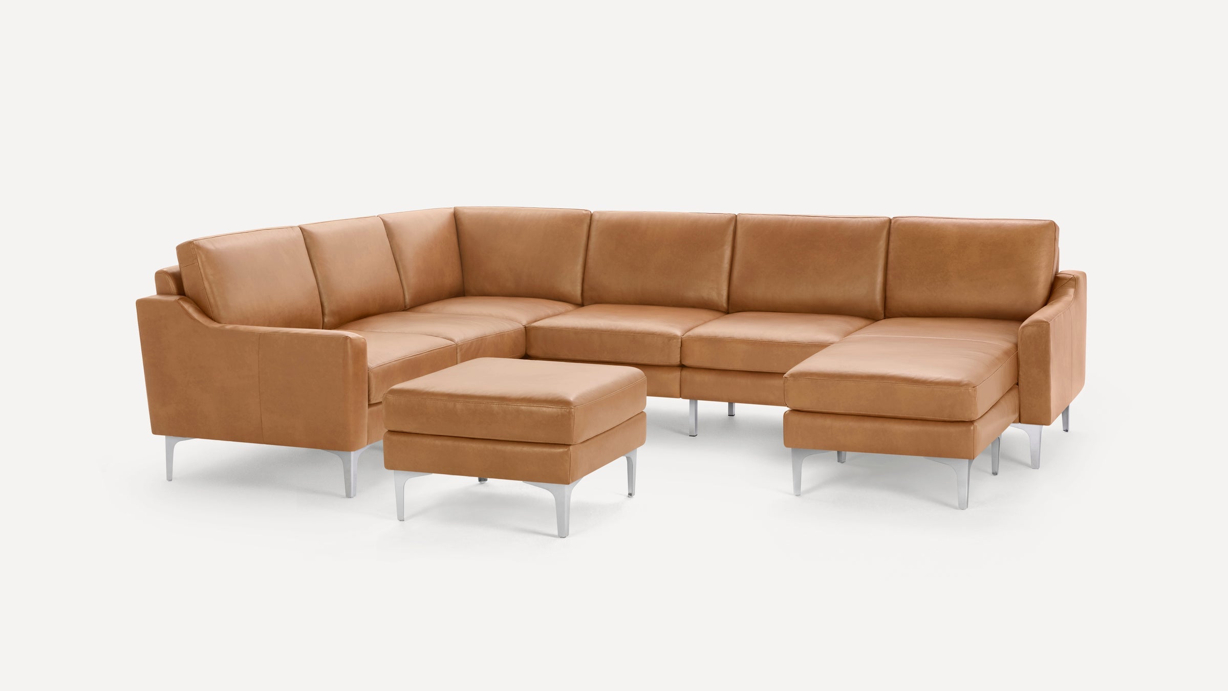 Nomad Plus Leather 6-Seat Corner Sectional with Chaise and Ottoman - Camel - Top Grain Leather / Chrome - Metal / Slope Arm