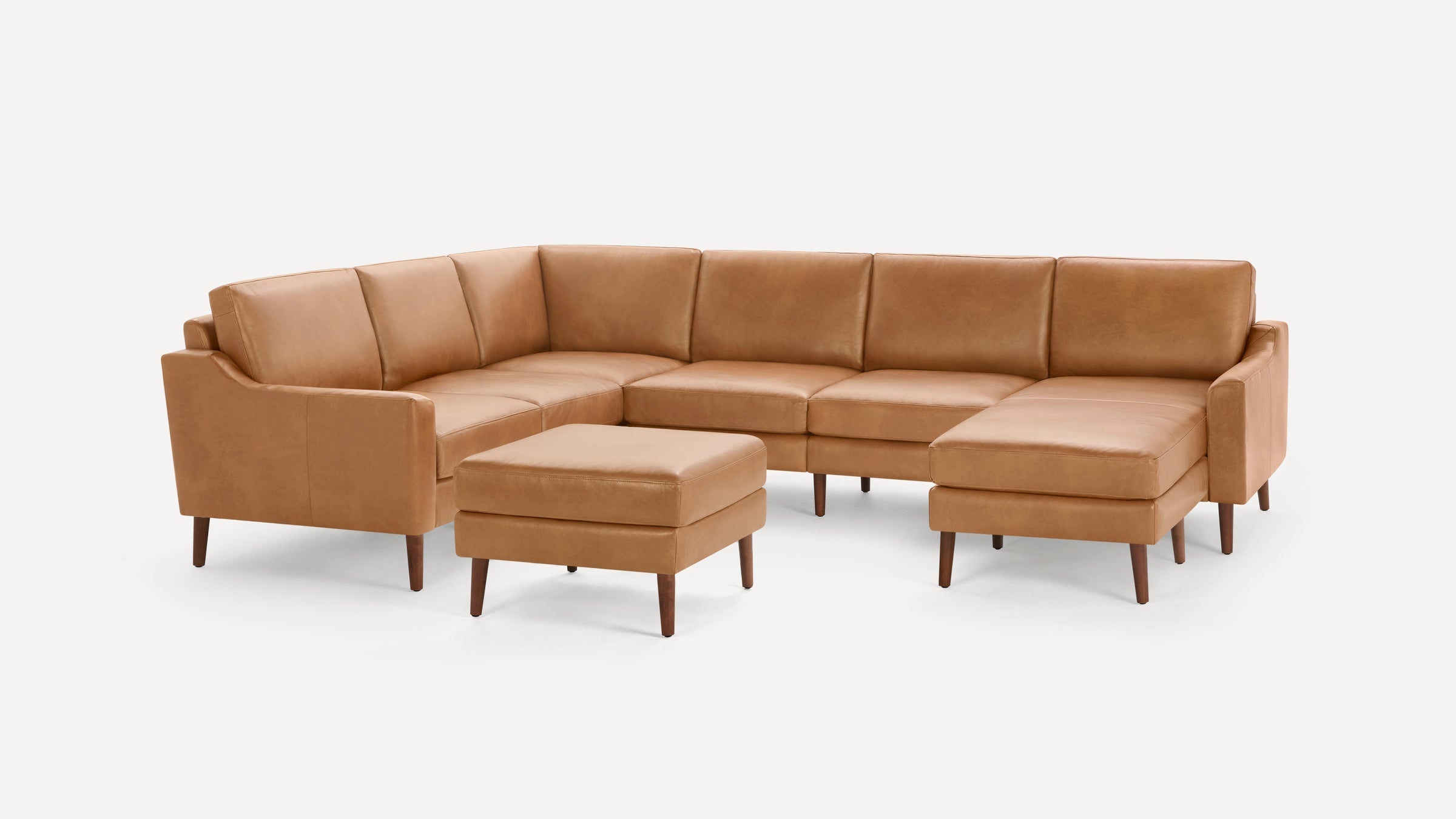 Nomad Plus Leather 6-Seat Corner Sectional with Chaise and Ottoman - Camel - Top Grain Leather / Walnut - Wood / Slope Arm