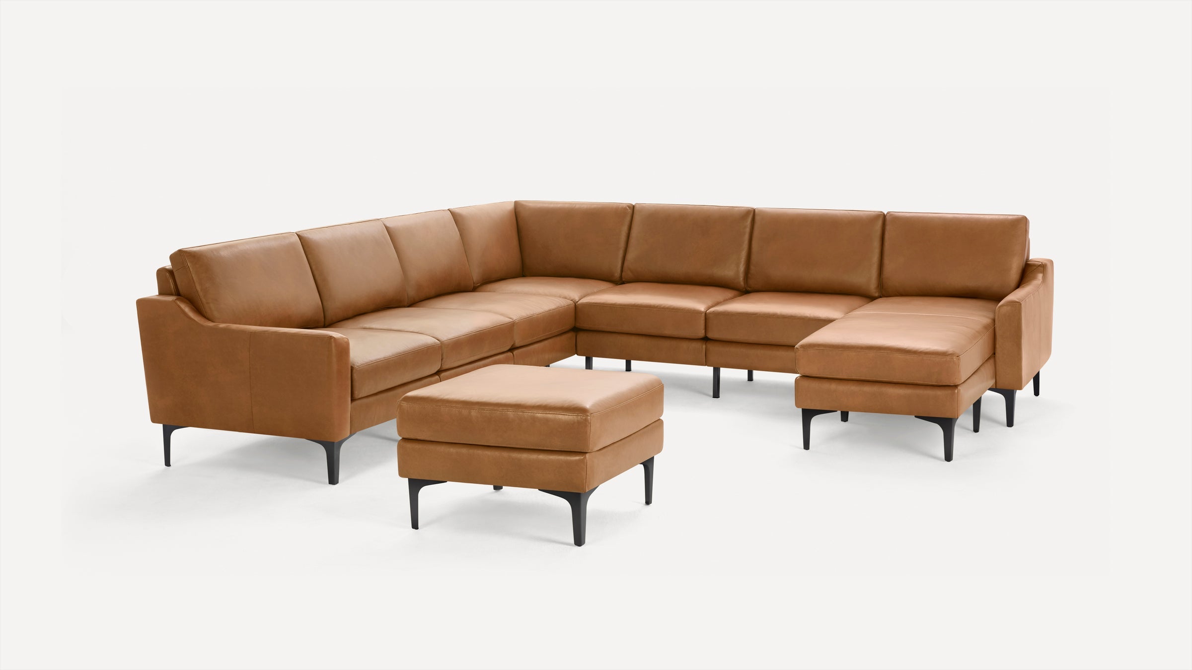 Nomad Plus Leather 7-Seat Corner Sectional with Chaise and Ottoman - Camel - Top Grain Leather / Black - Metal / Slope Arm