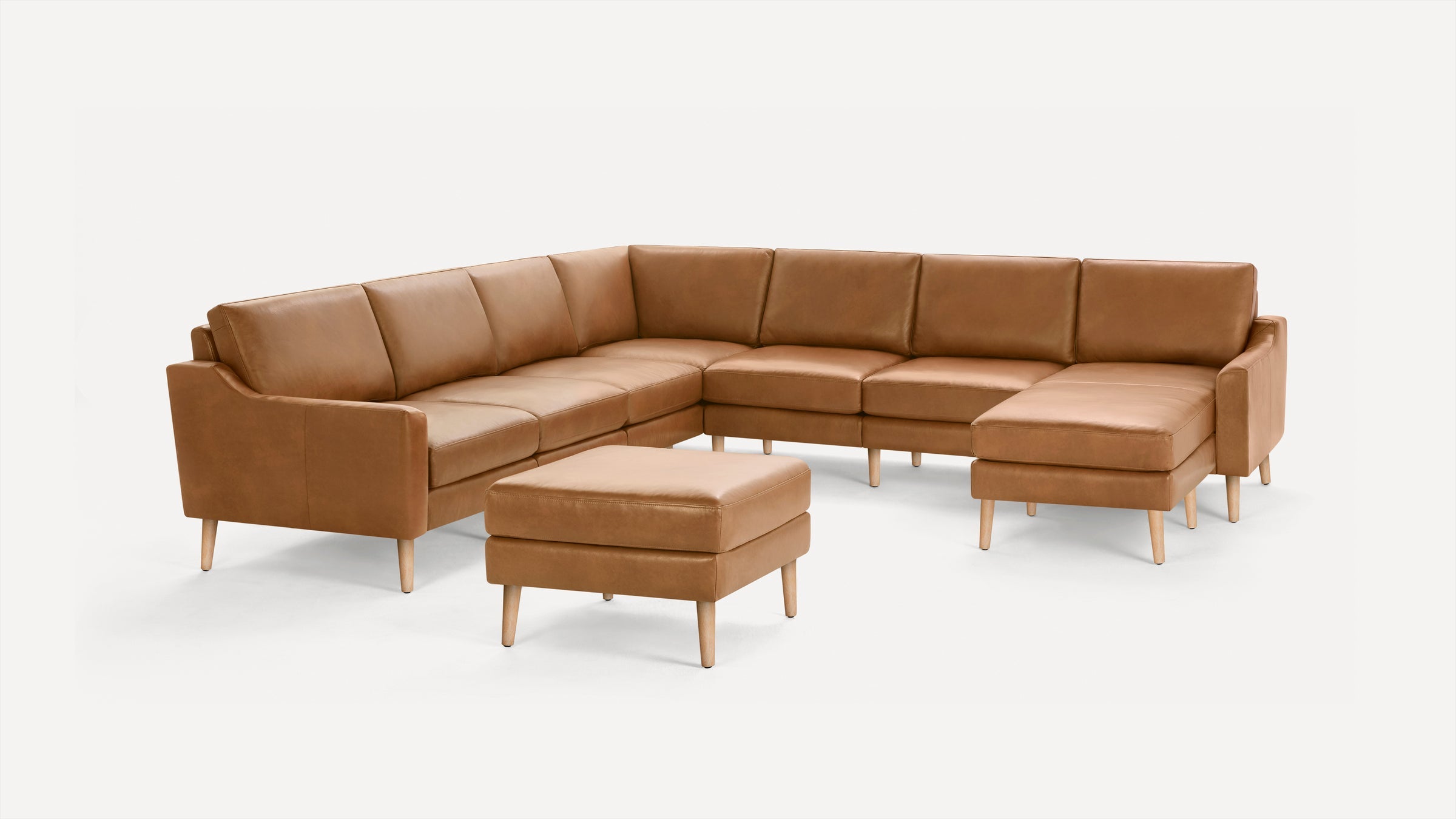 Nomad Plus Leather 7-Seat Corner Sectional with Chaise and Ottoman - Camel - Top Grain Leather / Oak - Wood / Slope Arm