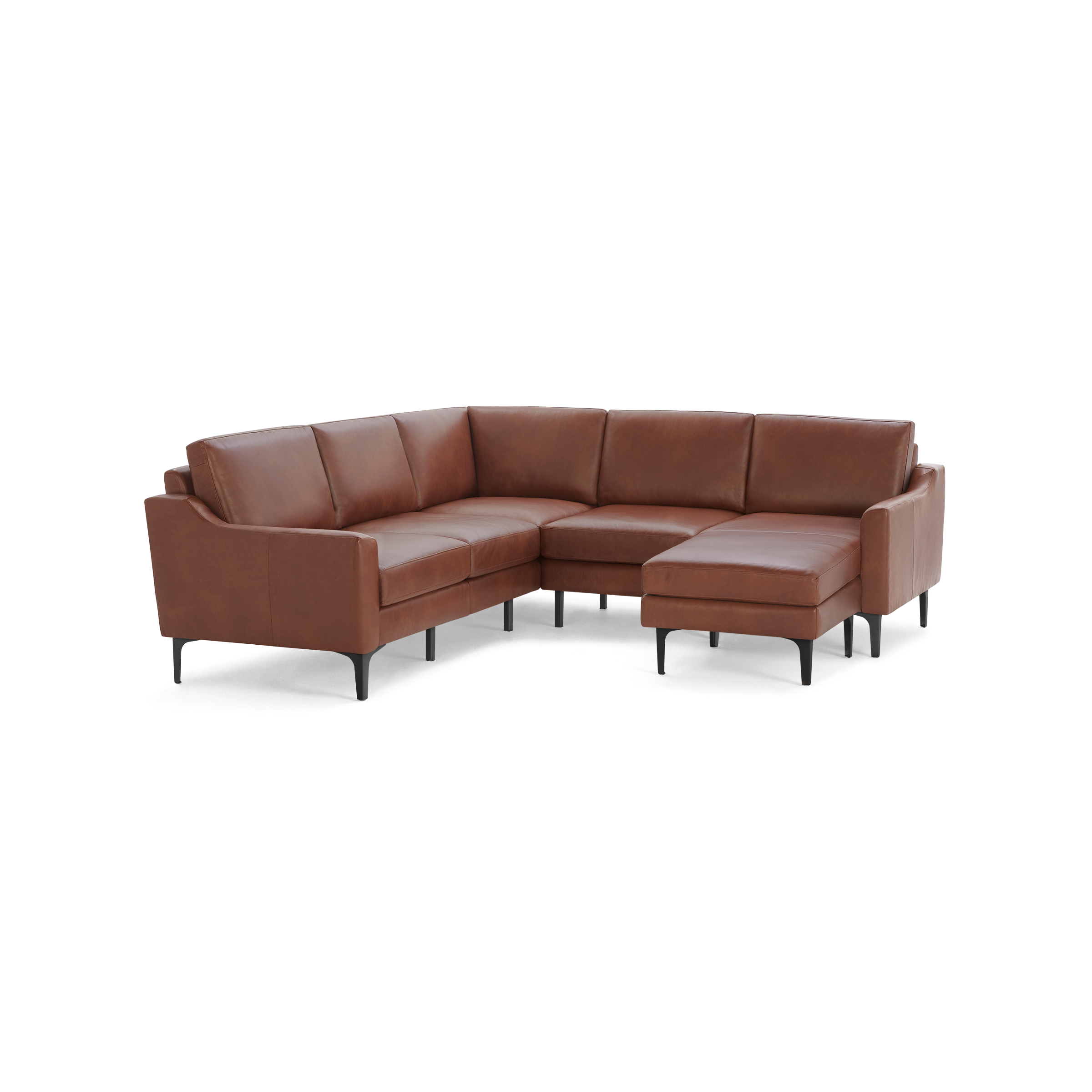 Modern L-shaped sectional sofa in rich brown leather with slim black legs and cushioned seats and backrests.