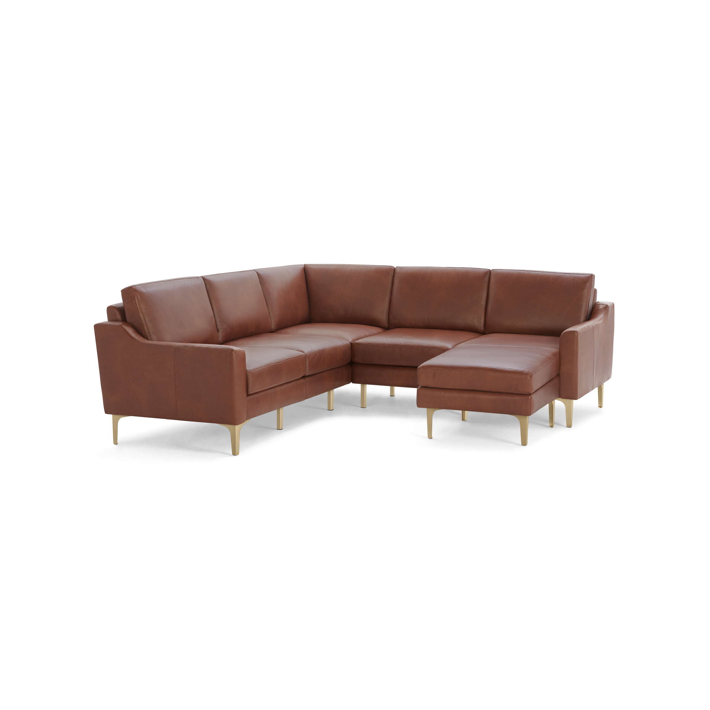 Modern L-shaped sectional sofa with brown leather upholstery, cushioned seats, and gold metal legs, designed for comfort and style.