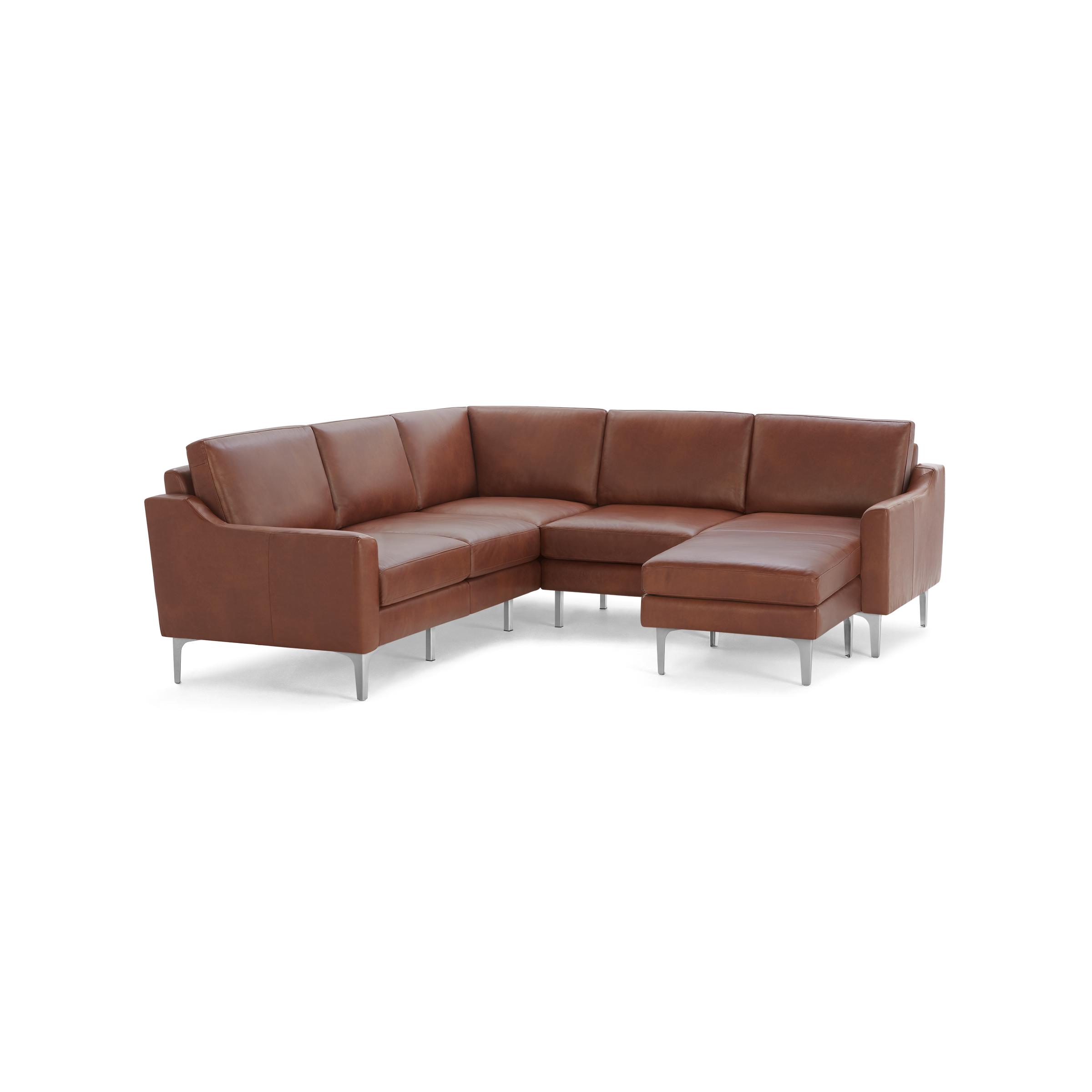 Modern L-shaped brown leather sectional sofa with sleek metal legs and cushioned seats and backrests.