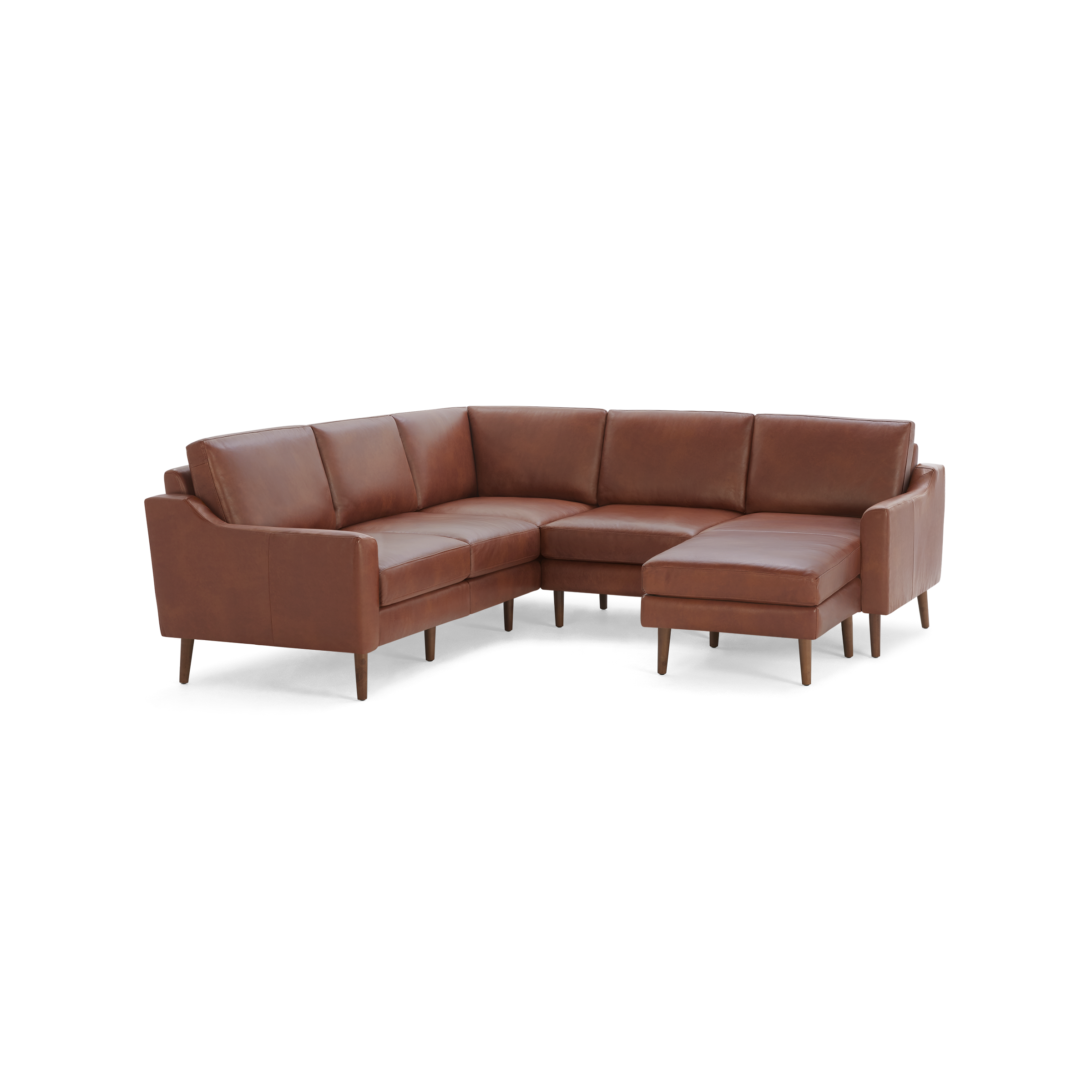 L-shaped sectional sofa with brown leather upholstery and wooden legs, featuring a chaise lounge on the right side.
