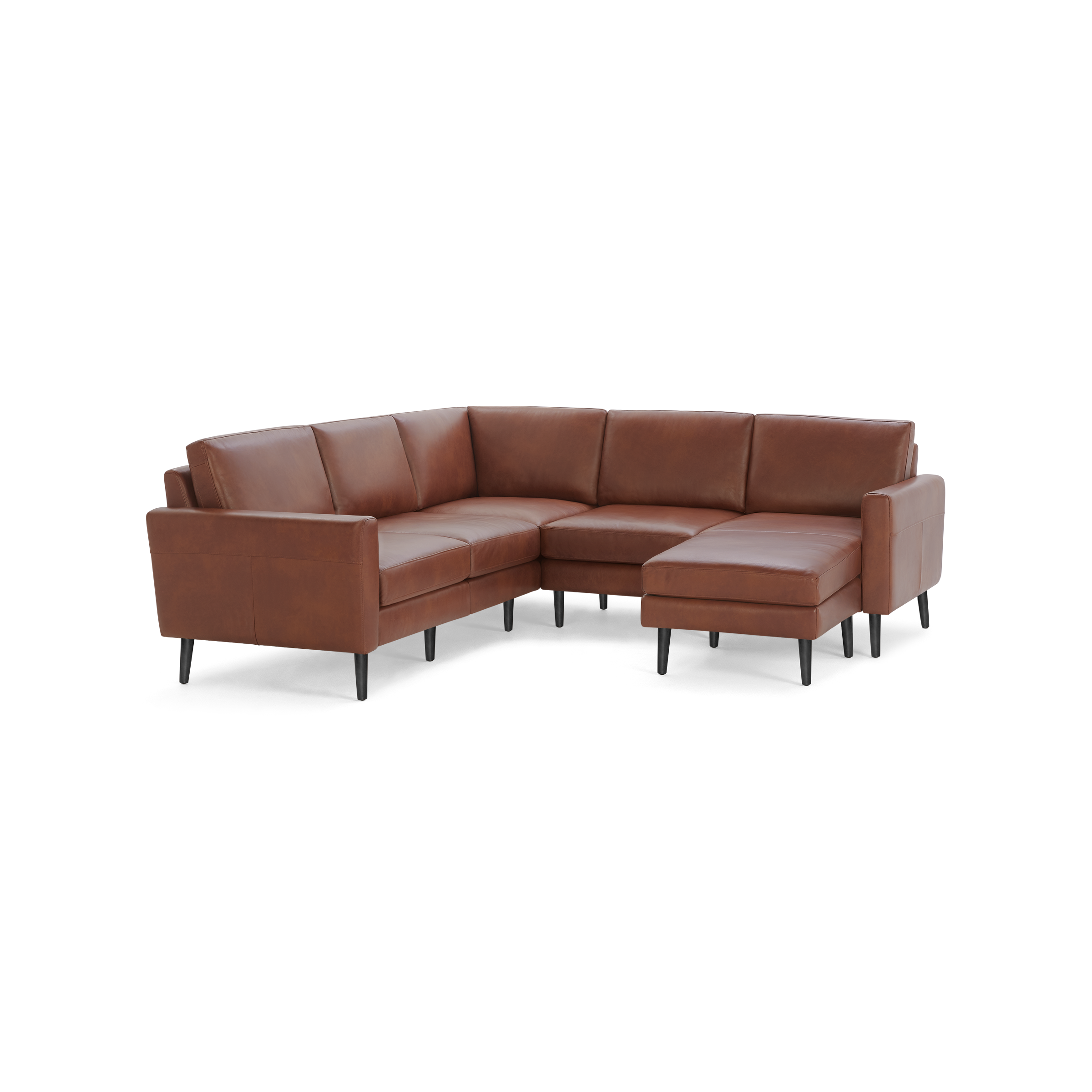 Brown leather L-shaped sectional sofa with slim black legs and cushioned seats and backs, modern minimalist design.
