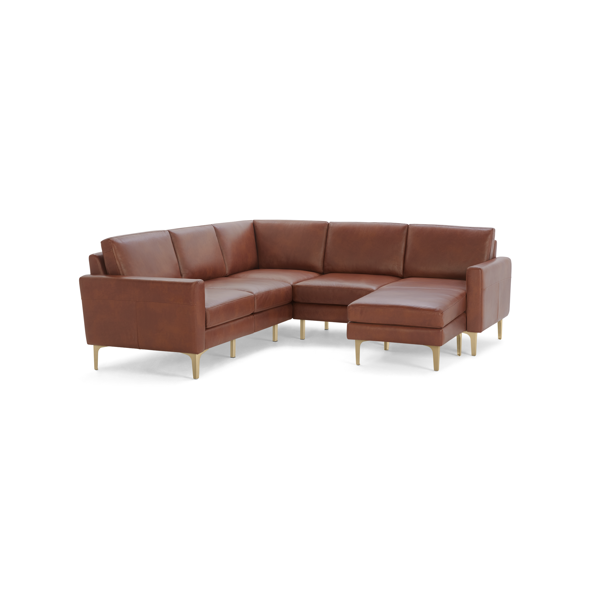 Modern L-shaped sectional sofa with brown leather upholstery and sleek gold metal legs, providing stylish comfort and elegance.