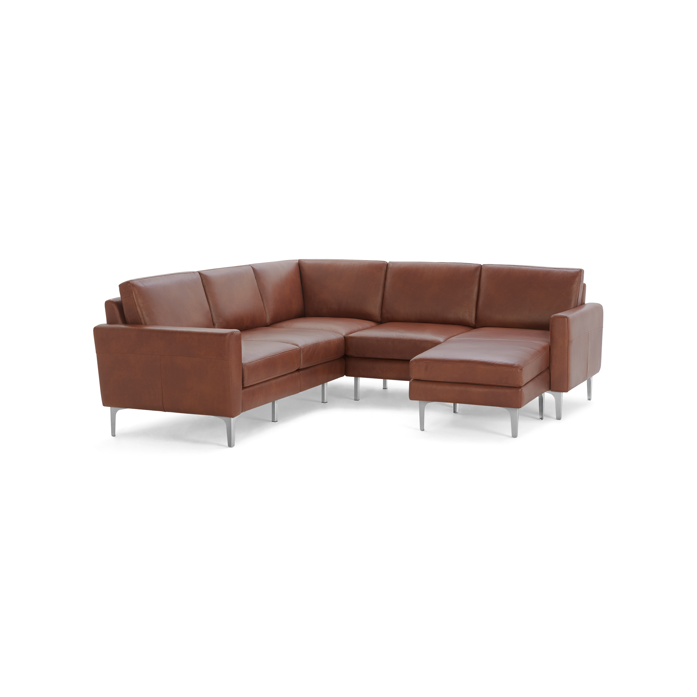 Modern L-shaped sectional sofa in brown leather with sleek metal legs and cushioned seats and backrests.
