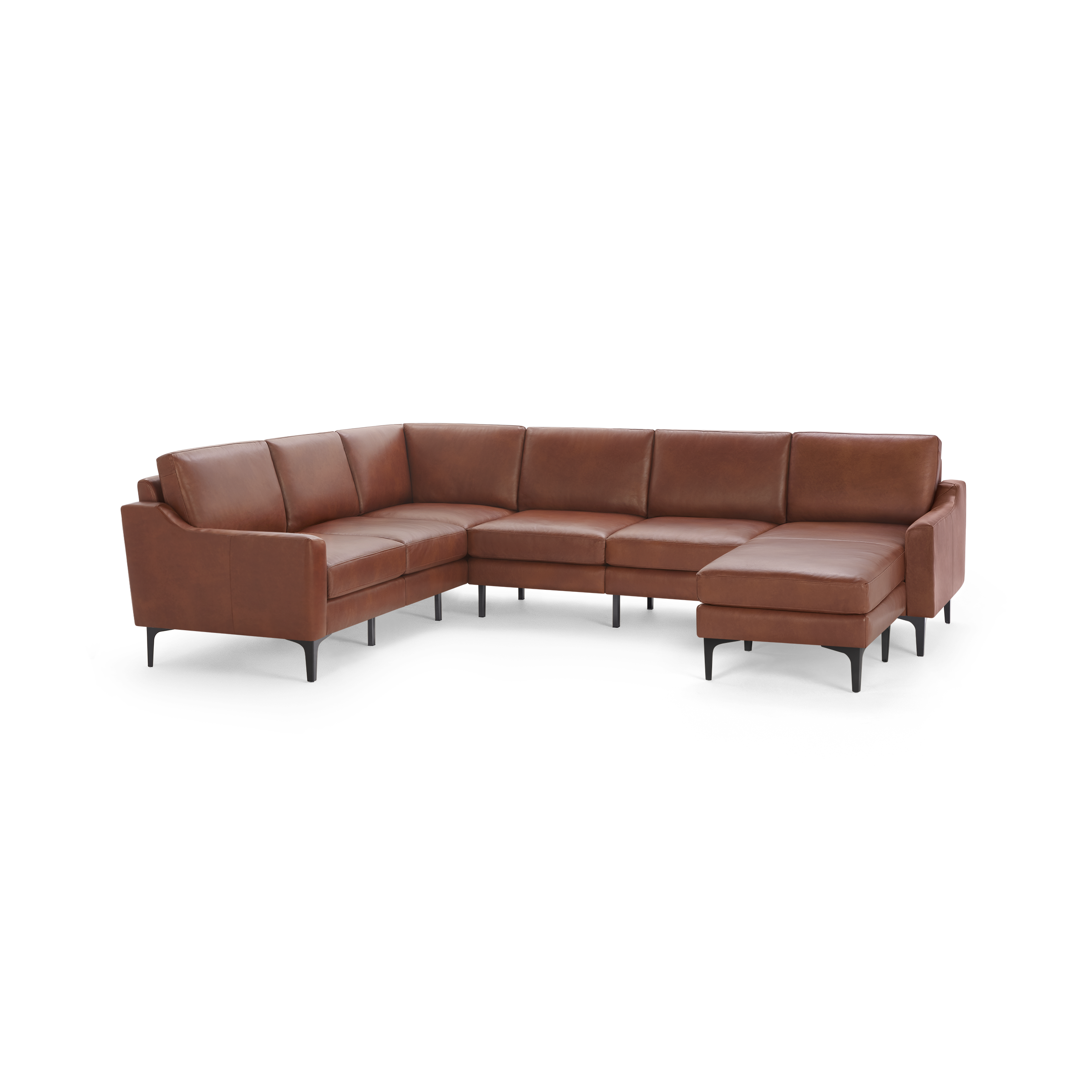Modern brown leather L-shaped sectional sofa with sleek black metal legs and cushioned seats and backrests.