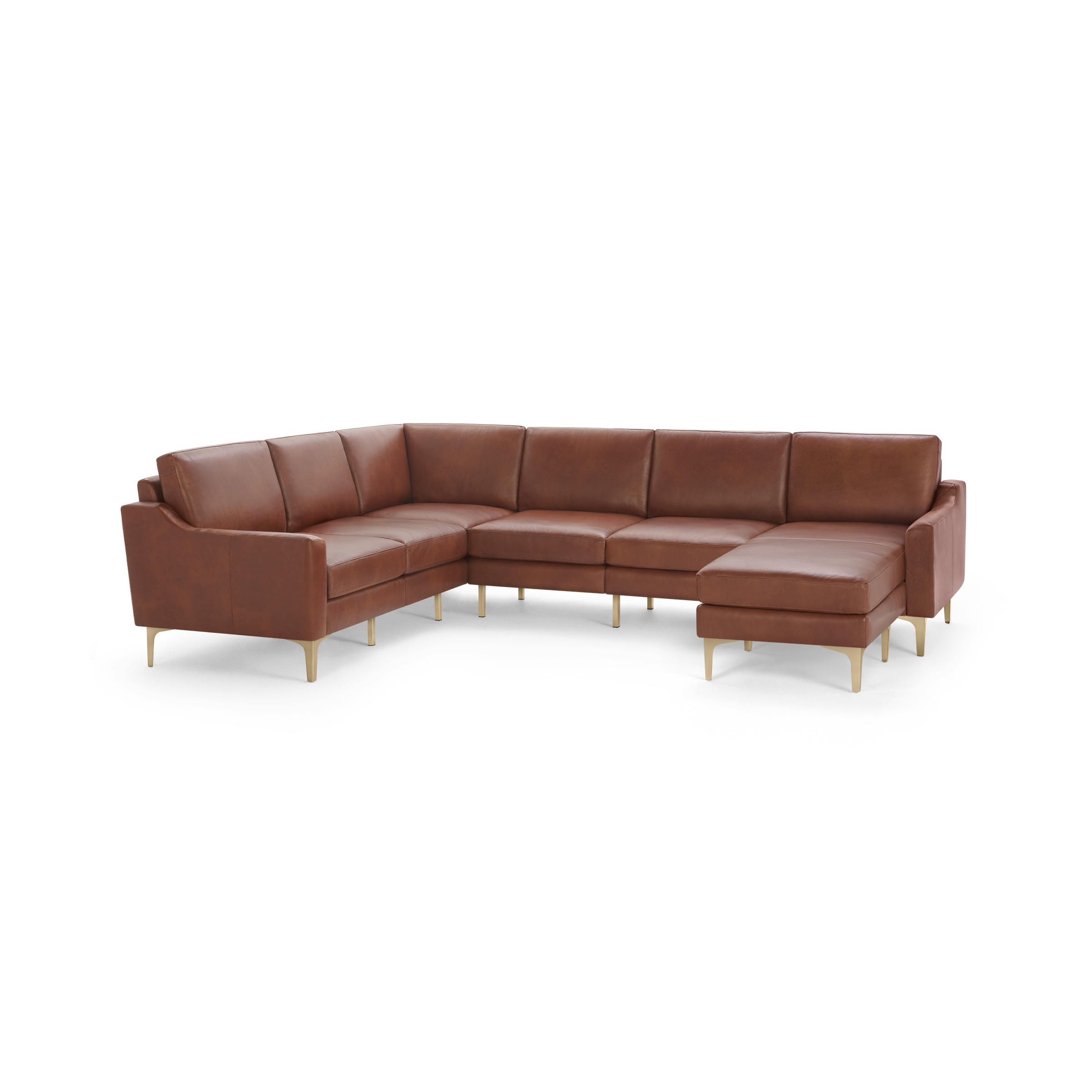 L-shaped modern sectional sofa in brown leather with clean lines, cushioned seats, and gold-tone slender legs.