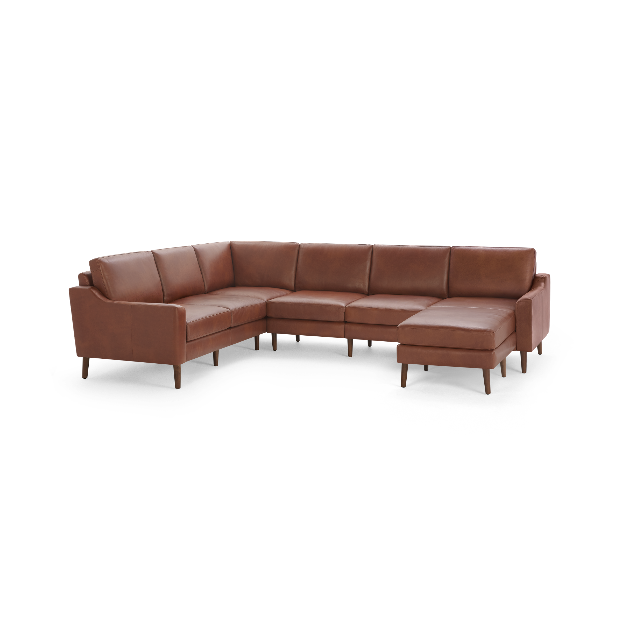 Large modern L-shaped sectional sofa in rich brown leather with wooden tapered legs and clean lines.