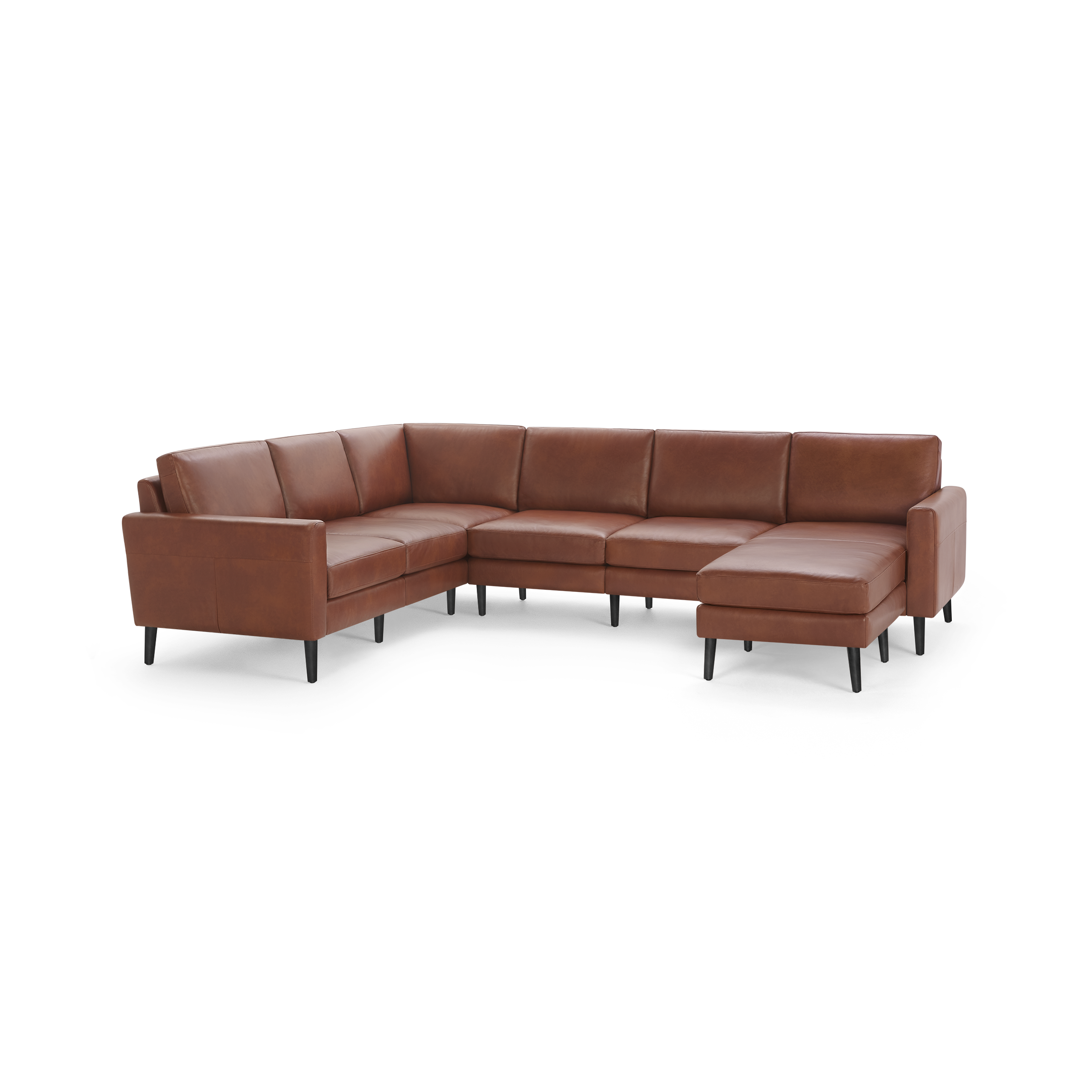 Large L-shaped sectional sofa with brown leather upholstery and black tapered legs, designed for modern living spaces.