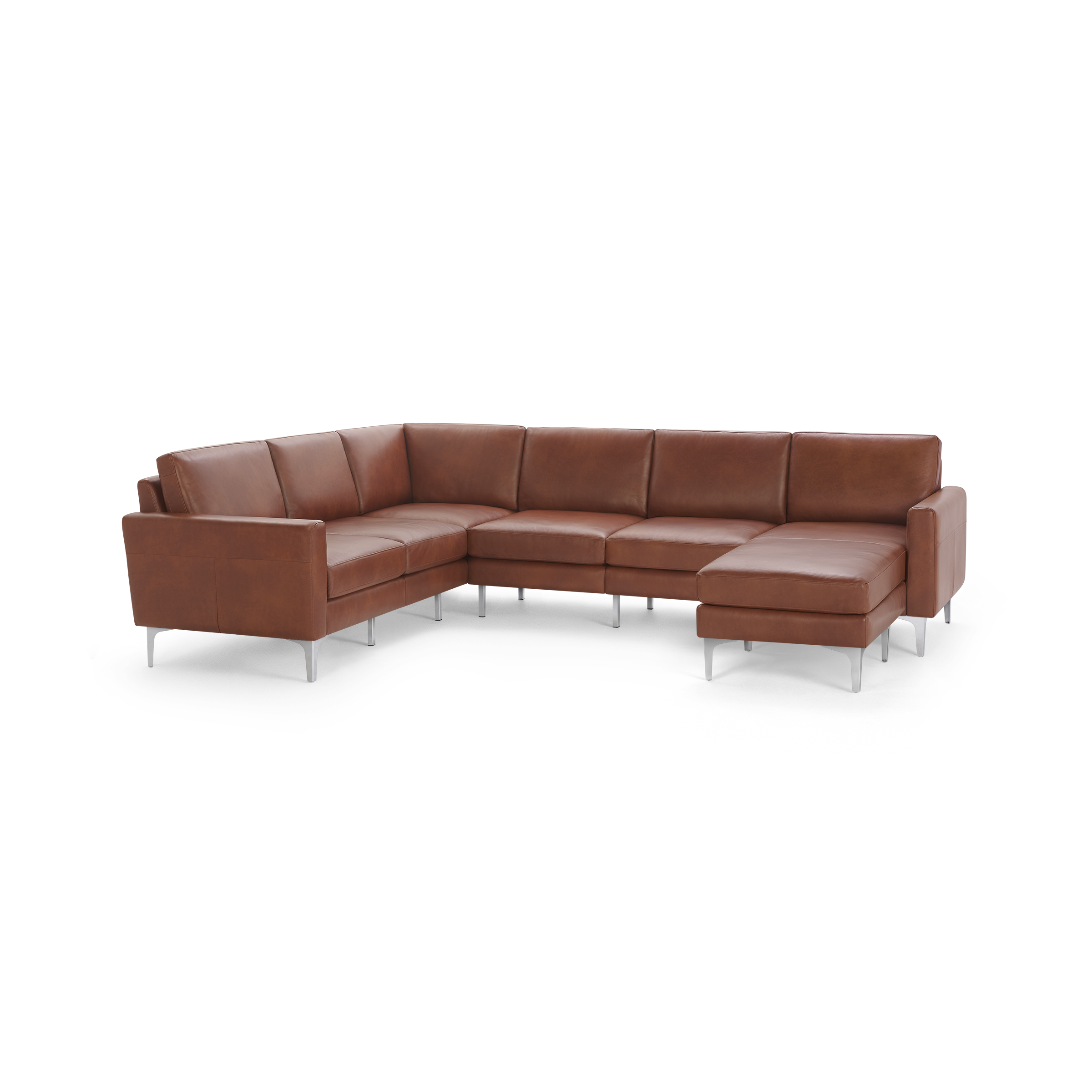 Large modern L-shaped sectional sofa in brown leather with metal legs, designed for spacious and stylish living rooms.