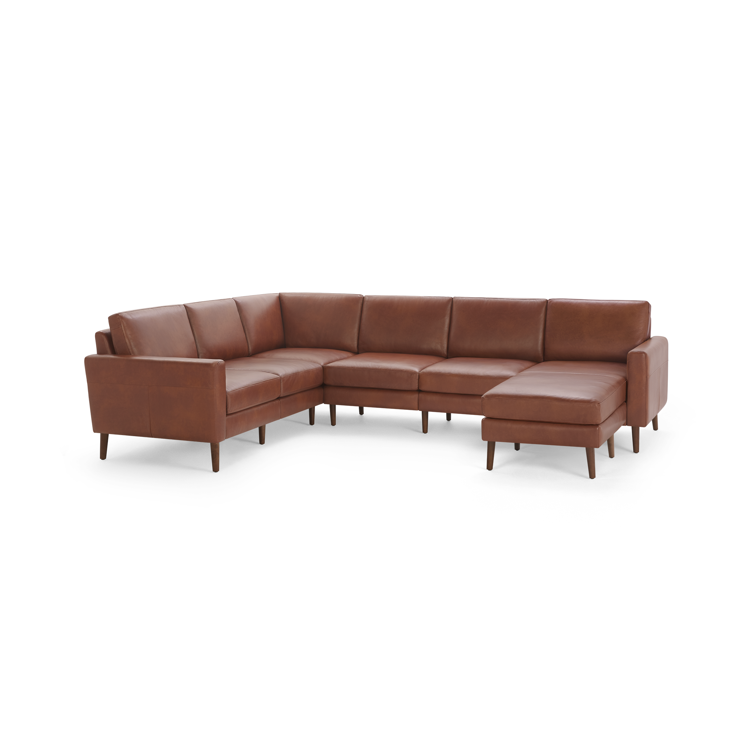 Brown leather L-shaped sectional sofa with wooden legs, featuring clean lines and cushioned seating for modern living rooms.