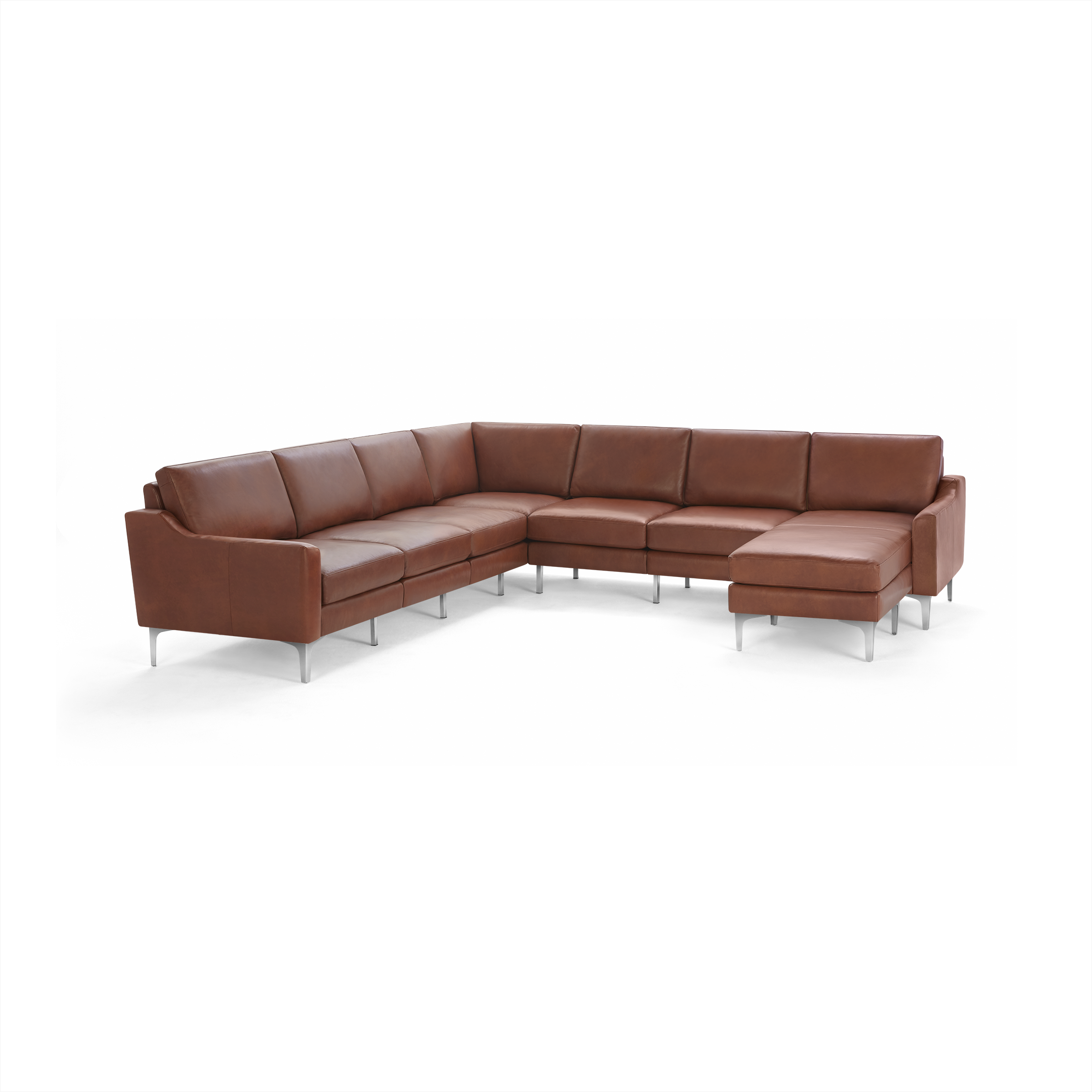 Large modern L-shaped sectional sofa with brown leather upholstery and metal legs, featuring clean lines and cushioned seats.