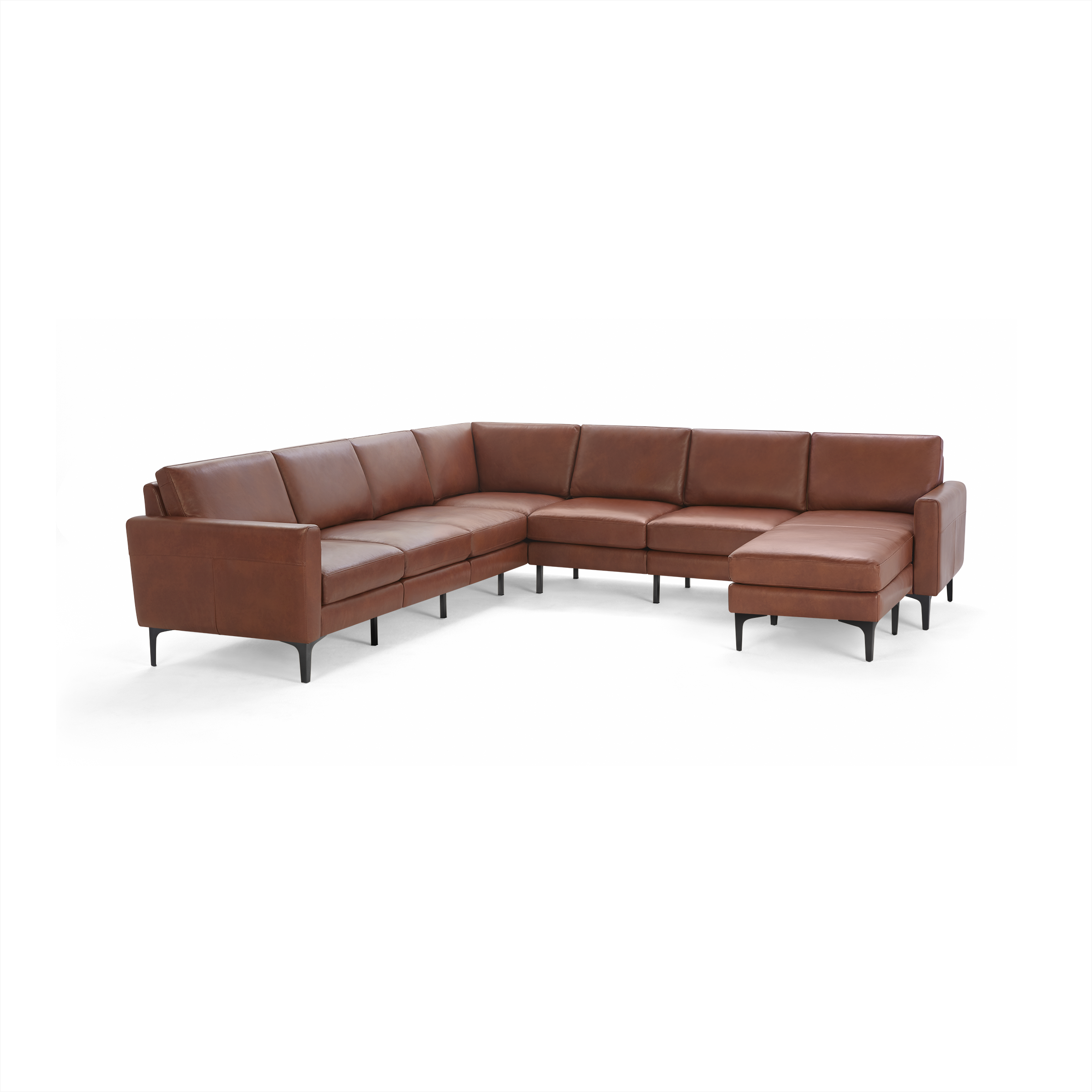Modern L-shaped sectional sofa in rich brown leather with clean lines and black metal legs, featuring a chaise lounge on the right side.