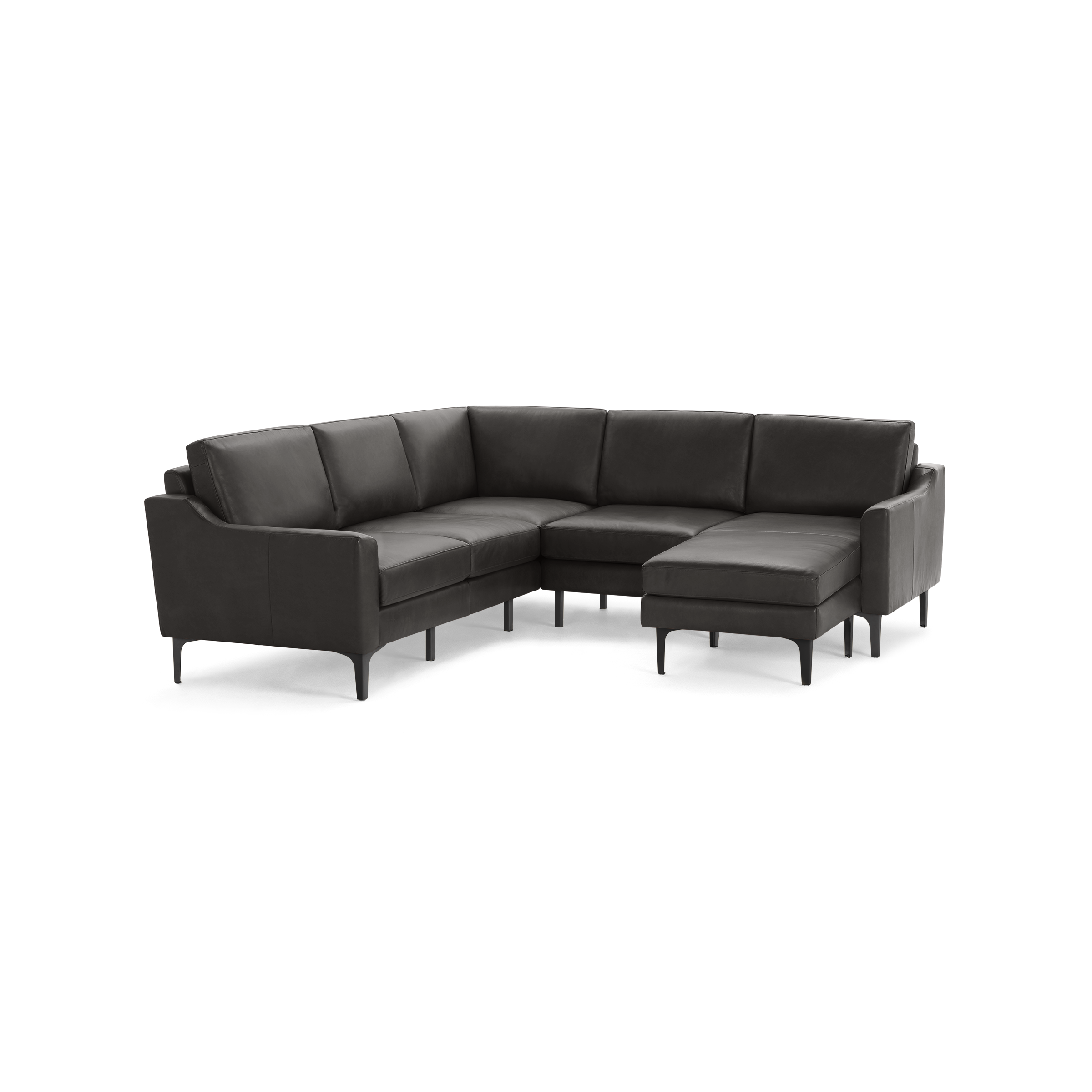 Modern dark gray sectional sofa with clean lines, cushioned seats, angled armrests, and slender black legs, designed for corner placement.