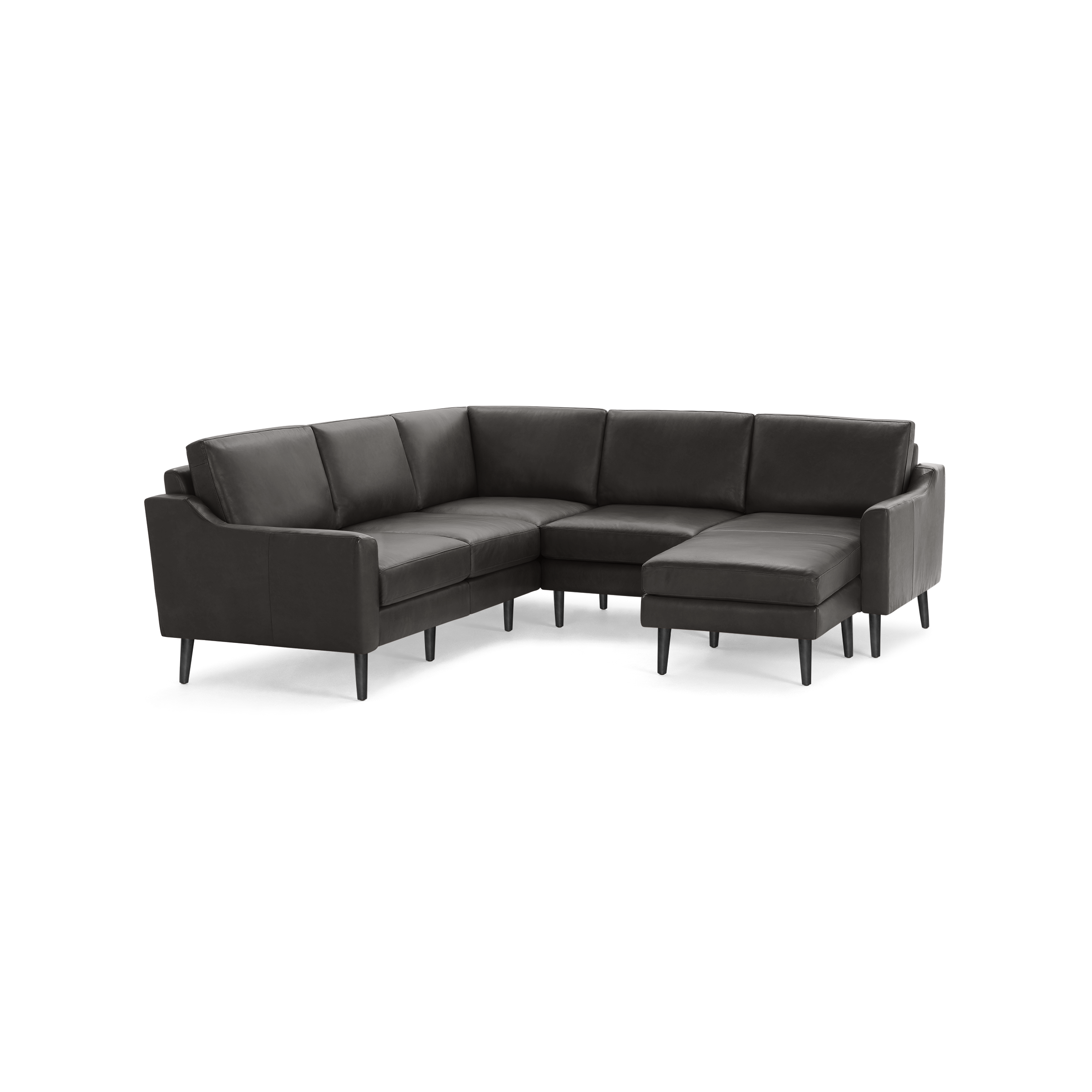 Modern dark gray leather L-shaped sectional sofa with clean lines and wooden legs on black background.