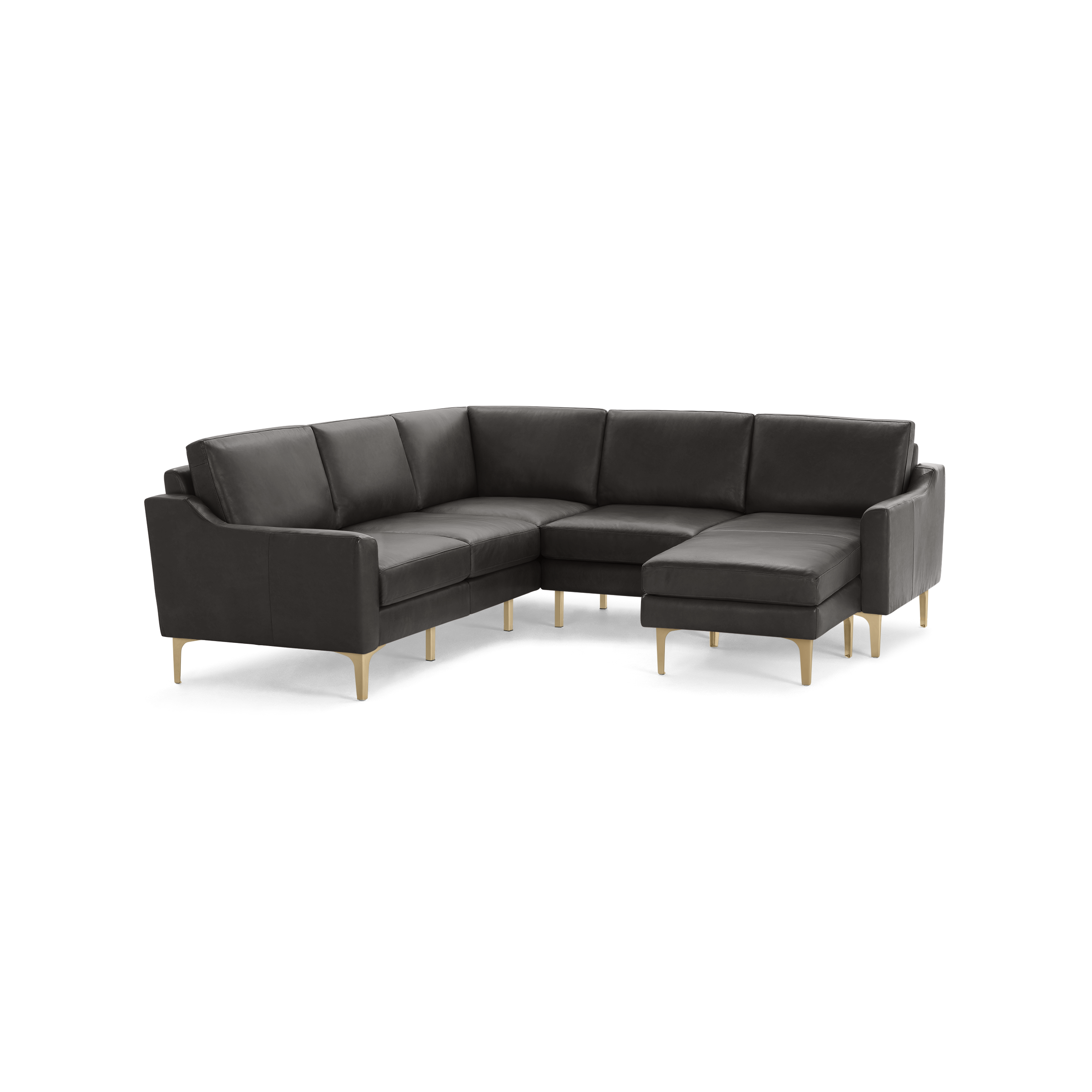 Modern L-shaped sectional sofa in dark gray leather with slim wooden legs, featuring comfortable cushioned seats and backrests.