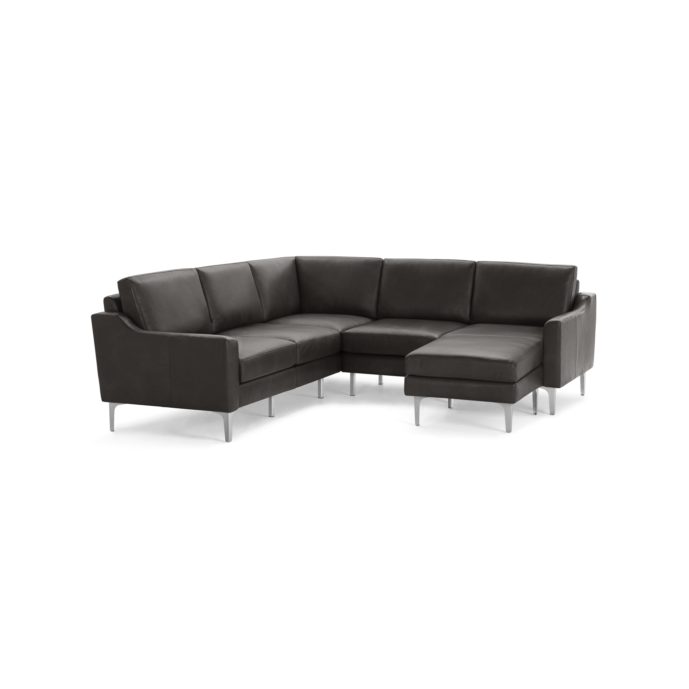 Dark gray L-shaped sectional sofa with sleek metal legs and plush cushions, designed for modern living room comfort.