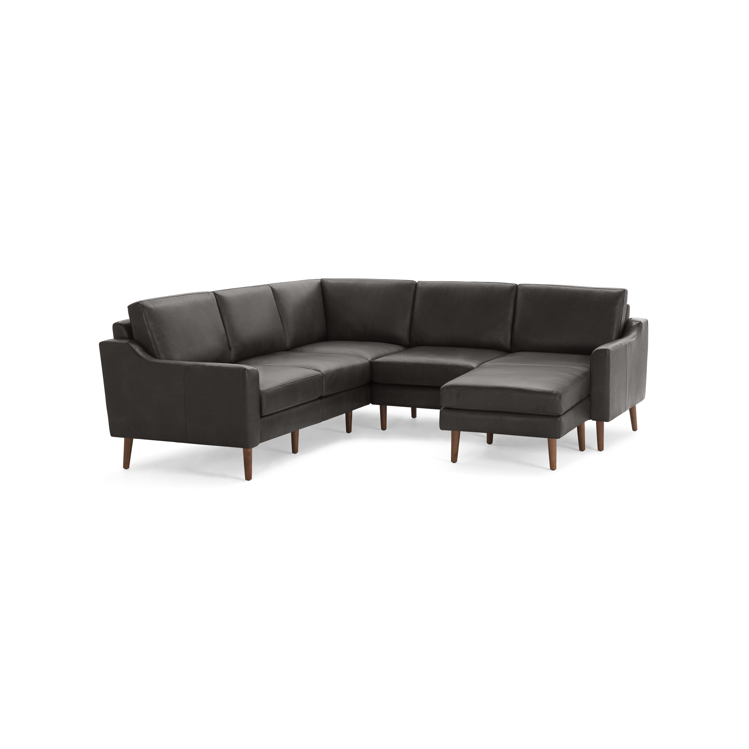 Dark gray modern L-shaped sectional sofa with wooden legs and cushioned seats and backrests, isolated on white background.